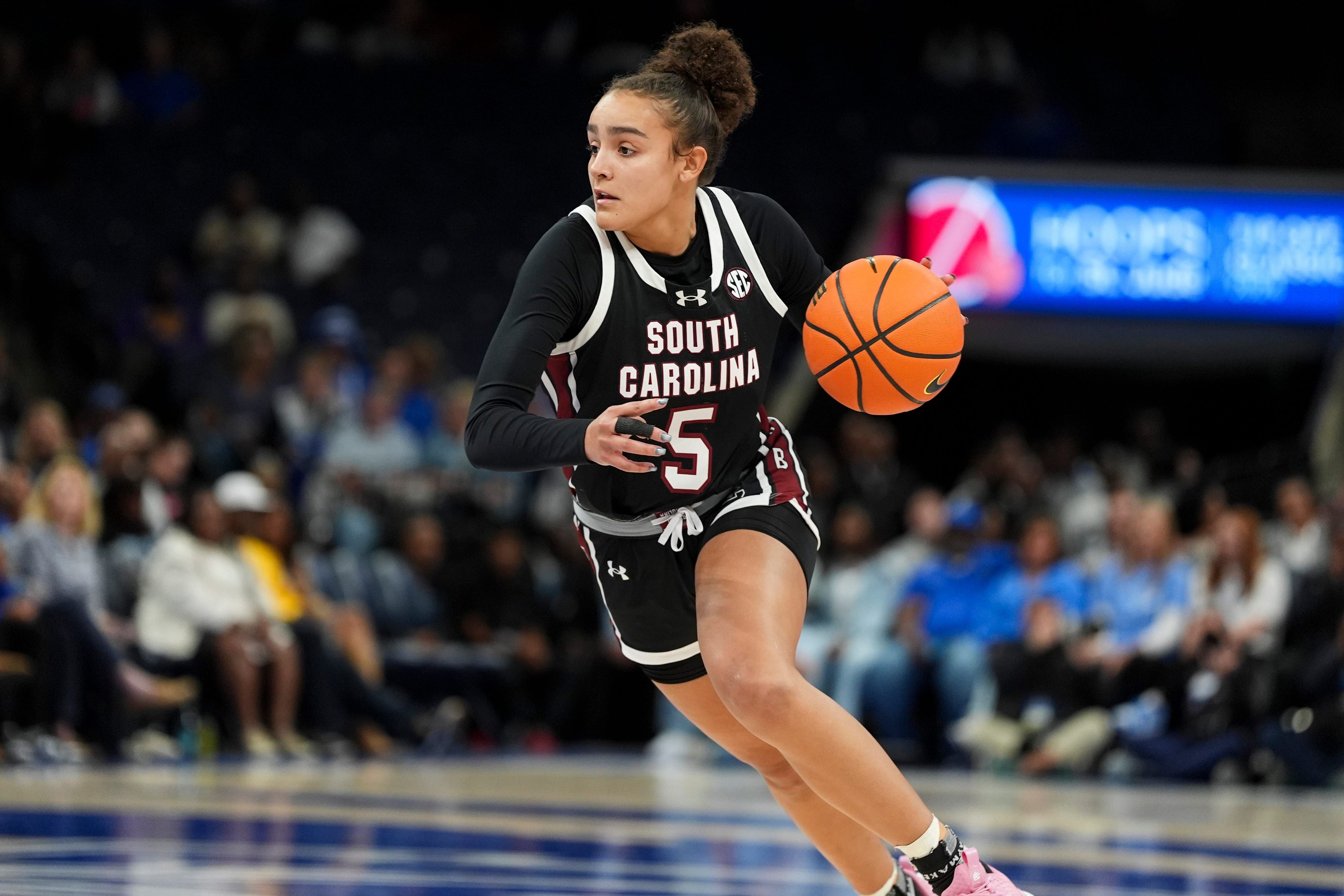 South Carolina's Tessa Johnson (5) drives to the basket during their game against Memphis in the Hoops for St. Jude Tip Off Classic at FedExForum on October 15, 2024 (Image via Imagn)