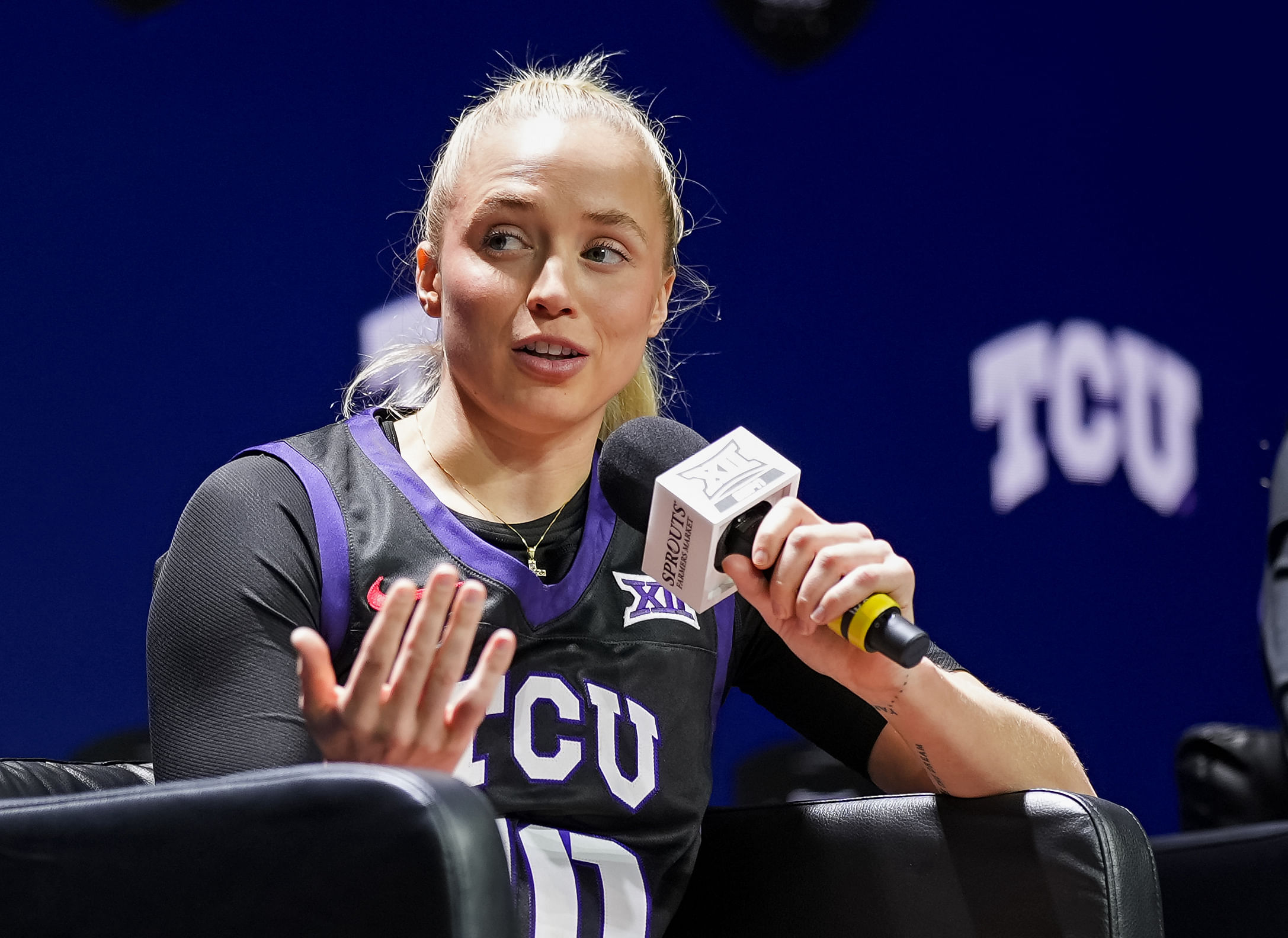 TCU star Hailey Van Lith talks to the media during Big 12 Women&rsquo;s Basketball Media Day. Photo: Imagn