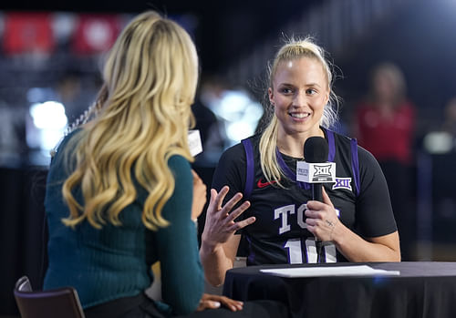 TCU Horned Frogs guard Hailey Van Lith (10) talks with reporter Hannah Wing during the Big 12 Women’s Basketball Media Day at T-Mobile Center. Photo: Imagn