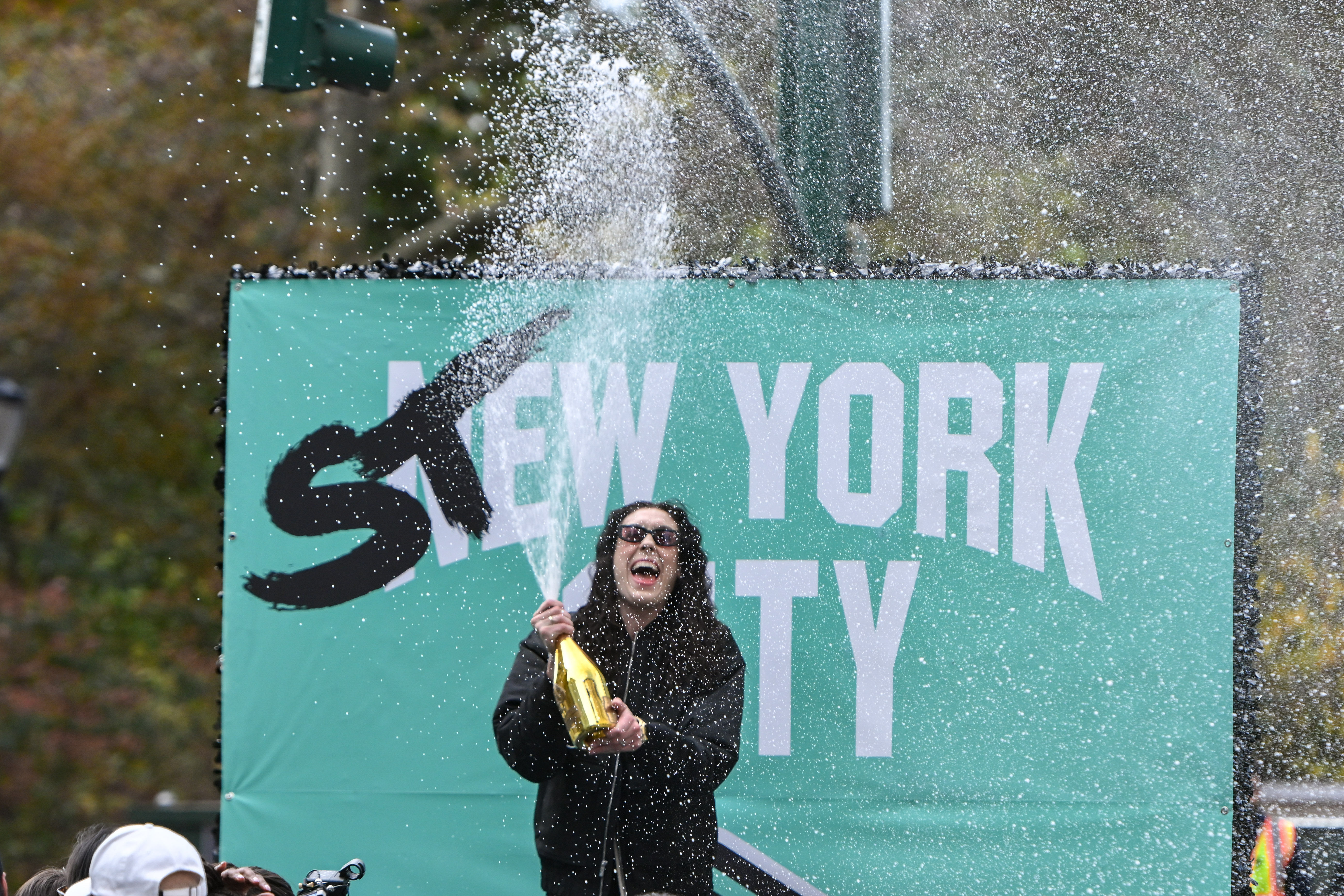 New York Liberty forward Breanna Stewart reacts during the New York Liberty championship parade along the Canyon of Heroes in New York. Photo Credit: Imagn