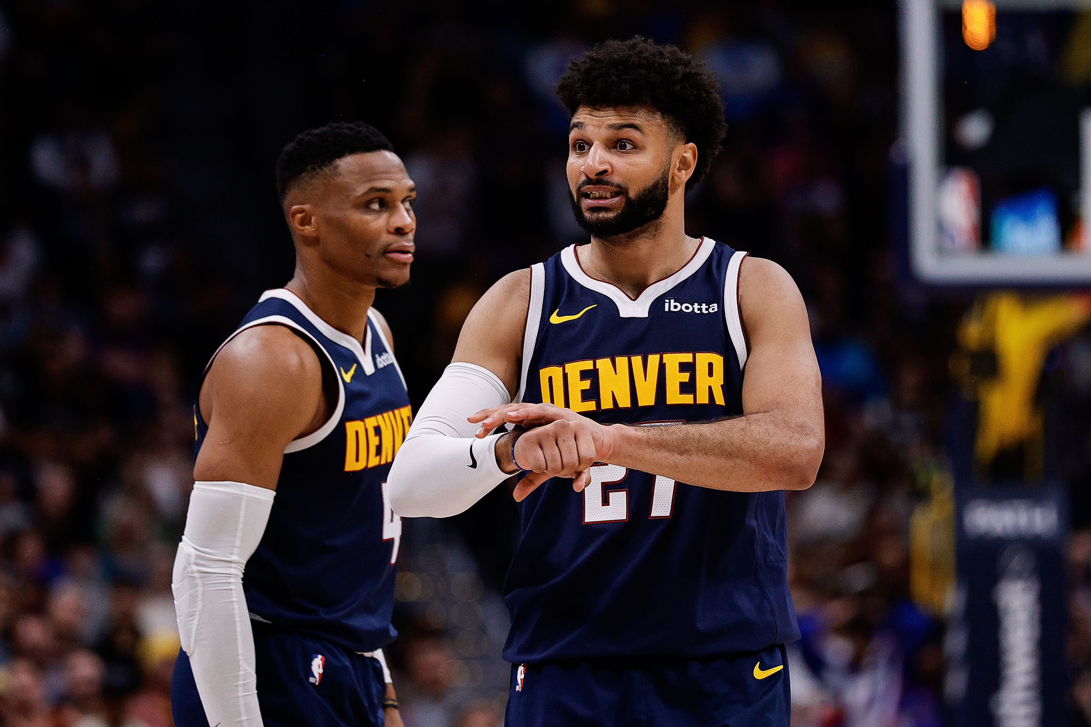 Denver Nuggets guard Jamal Murray gestures ahead of guard Russell Westbrook against the Los Angeles Clippers at Ball Arena. Photo Credit: Imagn