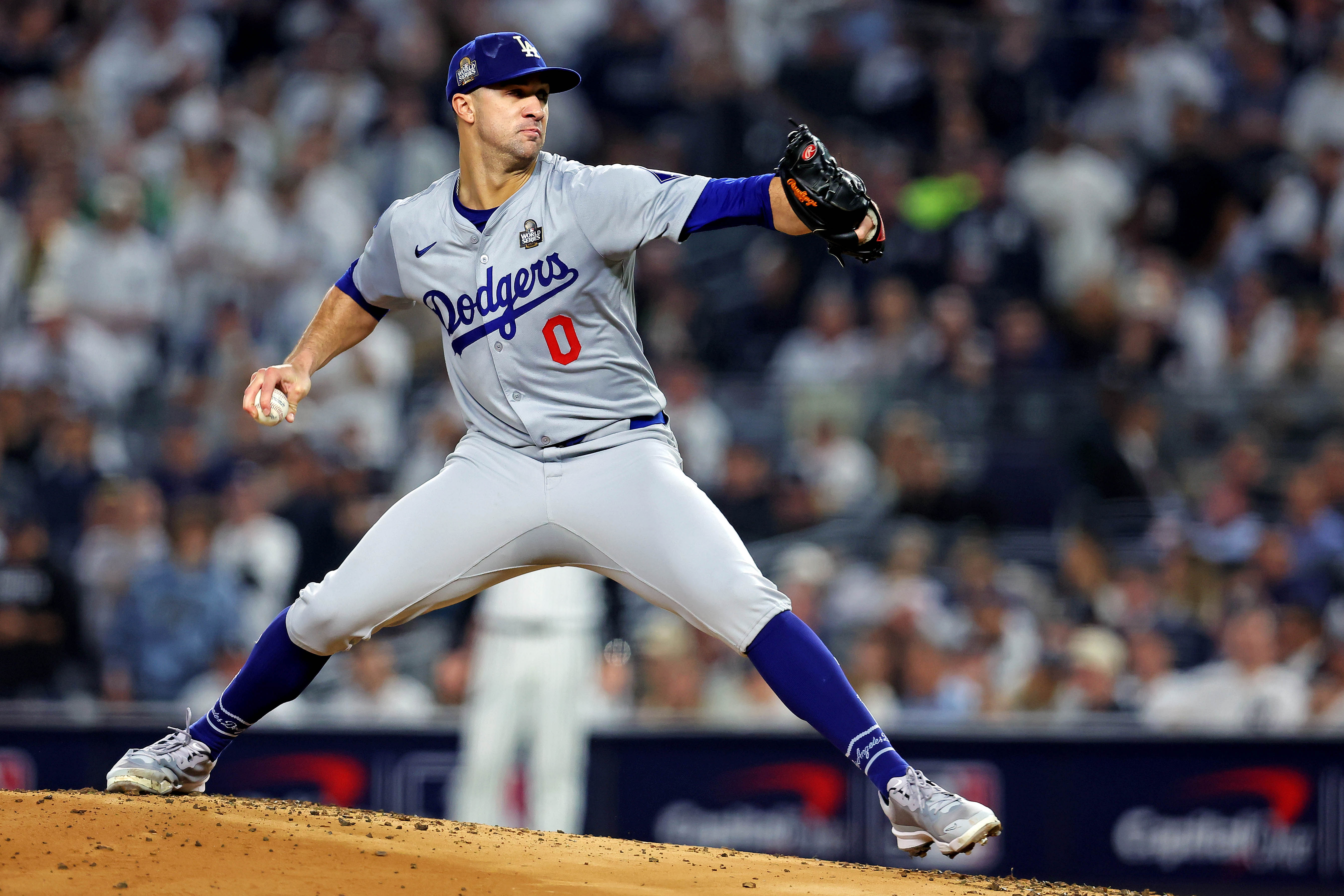 Jack Flaherty pitching in game five of the MLB World Series against the New York Yankees - Source: Imagn