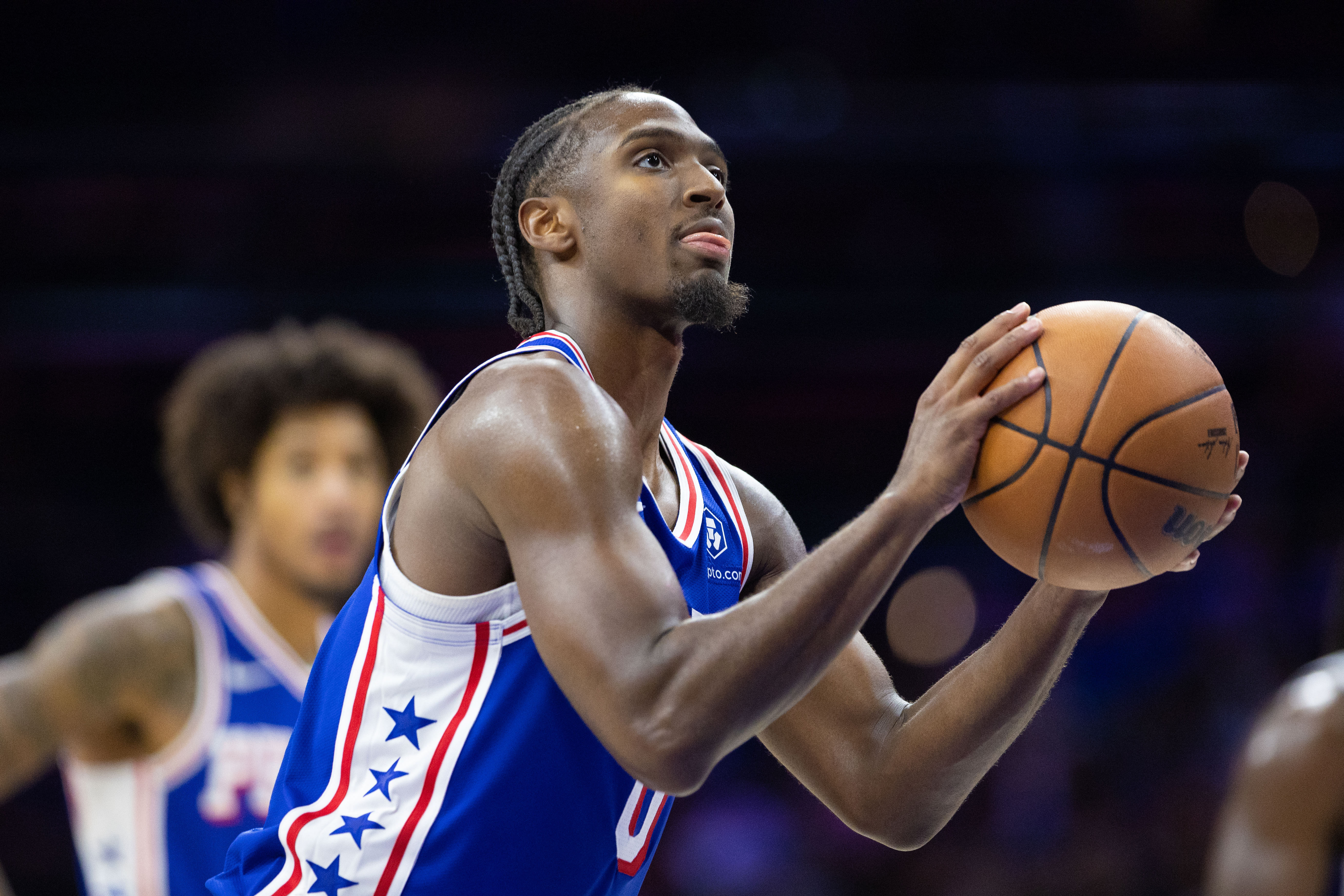 Philadelphia 76ers guard Tyrese Maxey shoots a foul shot against the Detroit Pistons at Wells Fargo Center. Photo Credit: Imagn