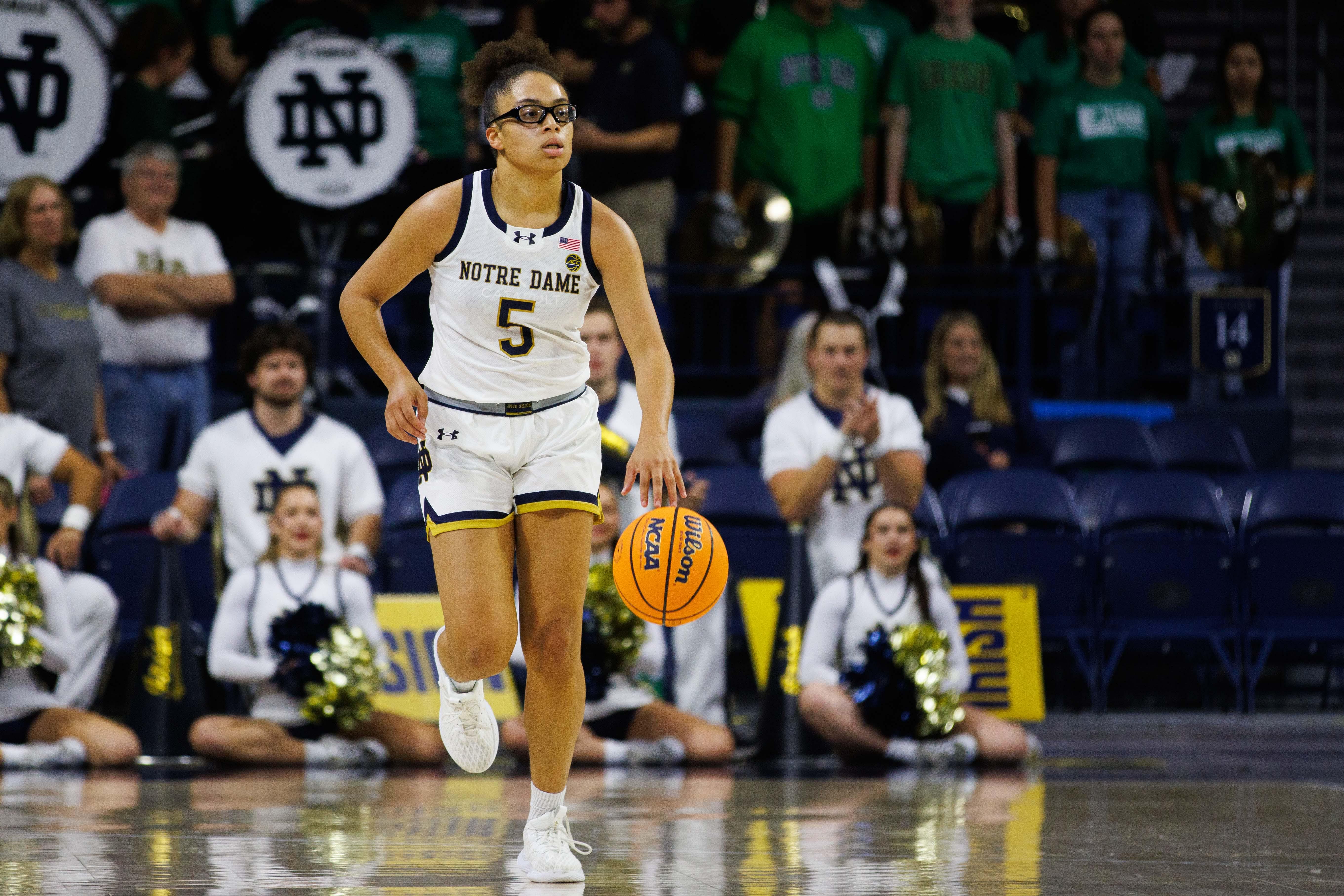 Notre Dame&#039;s Olivia Miles brings the ball up the court during a game against Davenport. Photo: Imagn