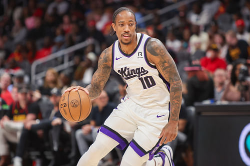 Sacramento Kings forward DeMar DeRozan dribbles against the Atlanta Hawks at State Farm Arena. Photo Credit: Imagn