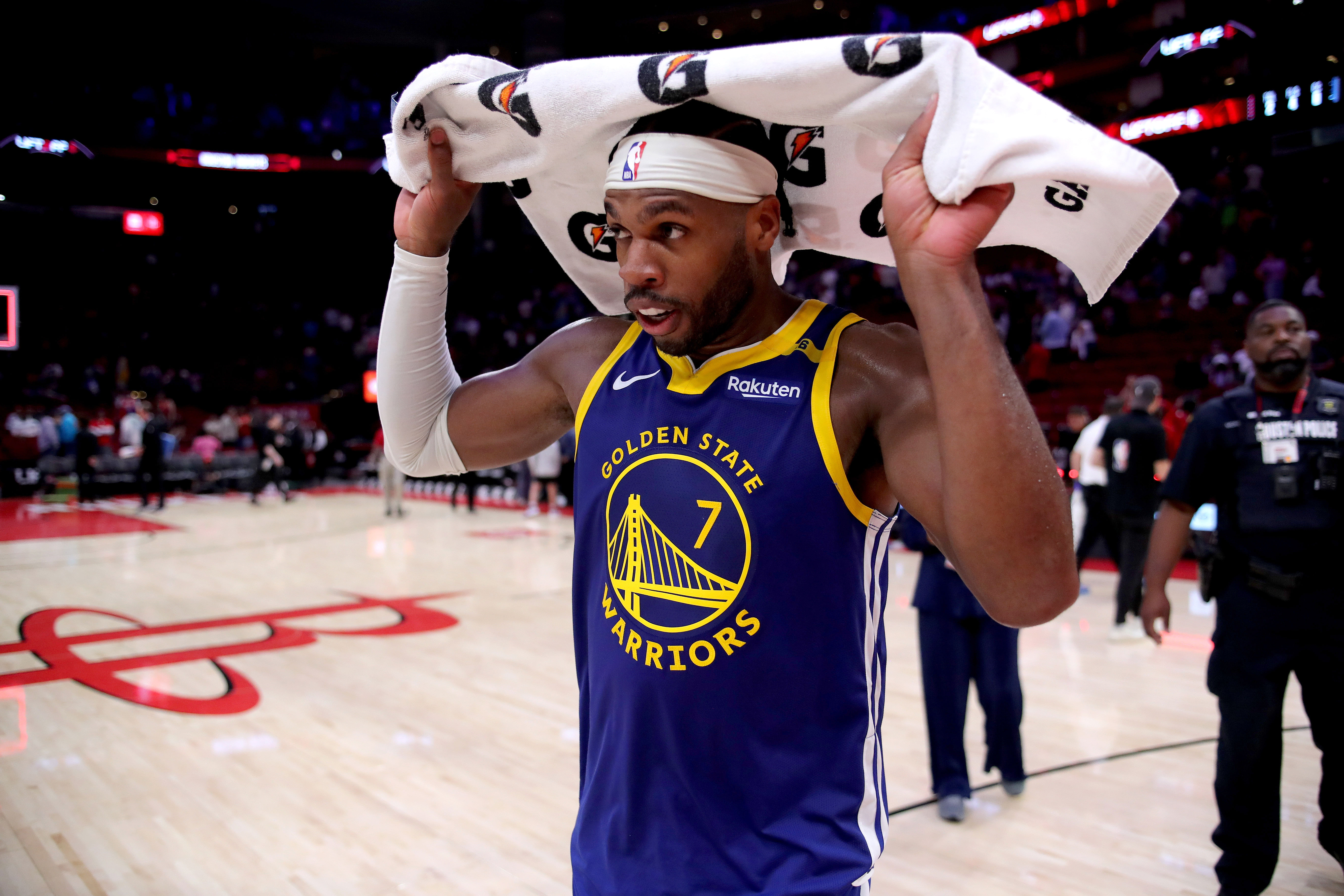 Golden State Warriors guard Buddy Hield leaves the court following the game against the Houston Rockets at Toyota Center. Photo Credit: Imagn