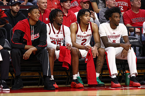 Rutgers Scarlet Knights players Ace Bailey (4) left, Jeremiah Williams (25), Dylan Harper (2) and Bryce Dortch (8) look on during the second half against the Wagner Seahawks. Photo: Imagn