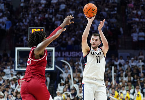 UConn forward Alex Karaban shoots against the Sacred Heart Pioneers. Photo: Imagn