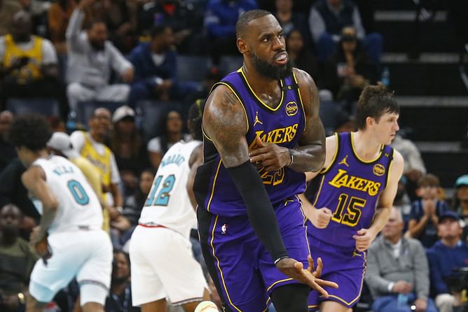 LeBron James reacts after sinking insane shot from opposite free throw line ahead of Lakers vs. Philadelphia 76ers