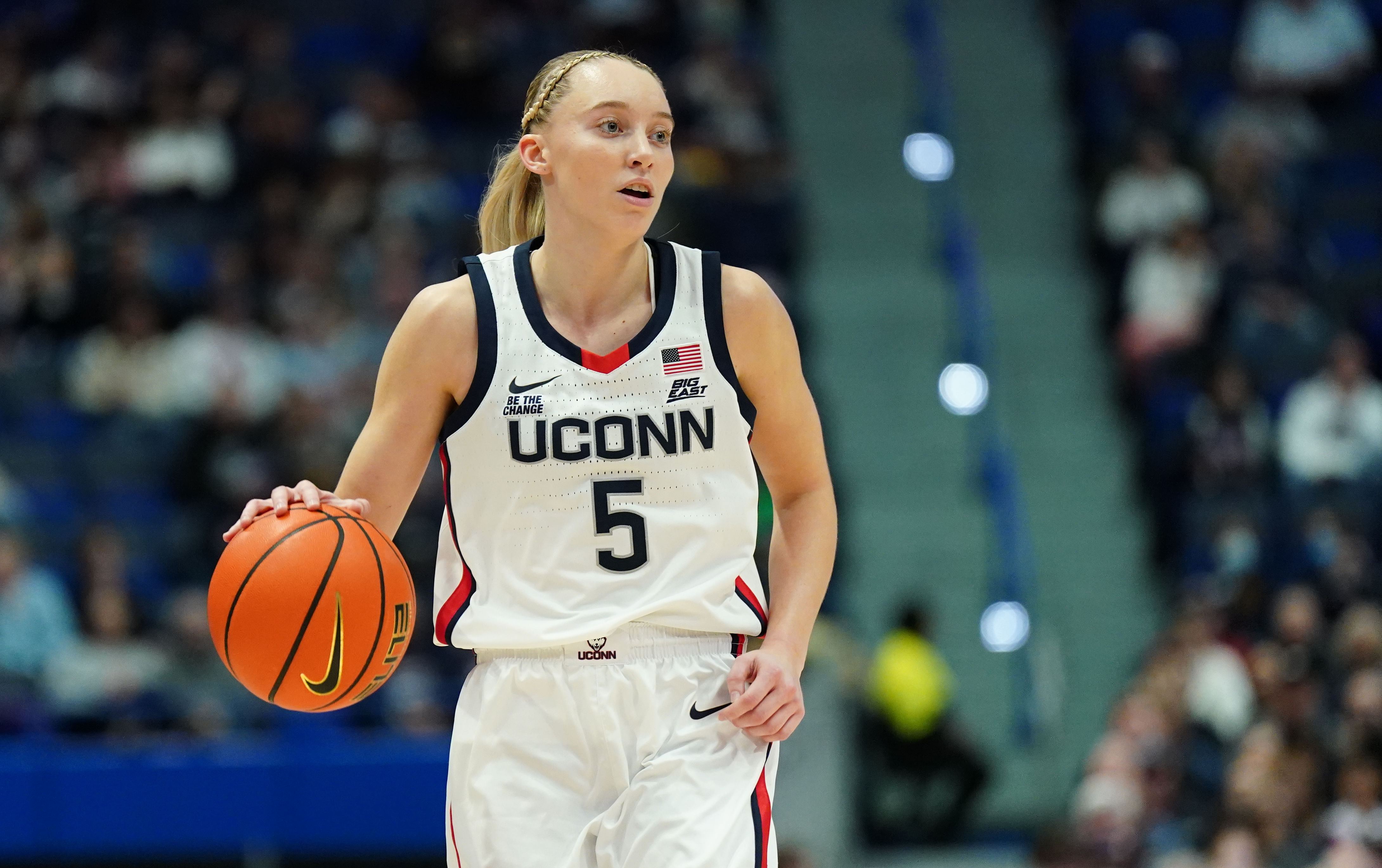 UConn Huskies guard Paige Bueckers returns the ball against the Boston University Terriers at Harry A. Gampel Pavilion. Photo Credit: Imagn