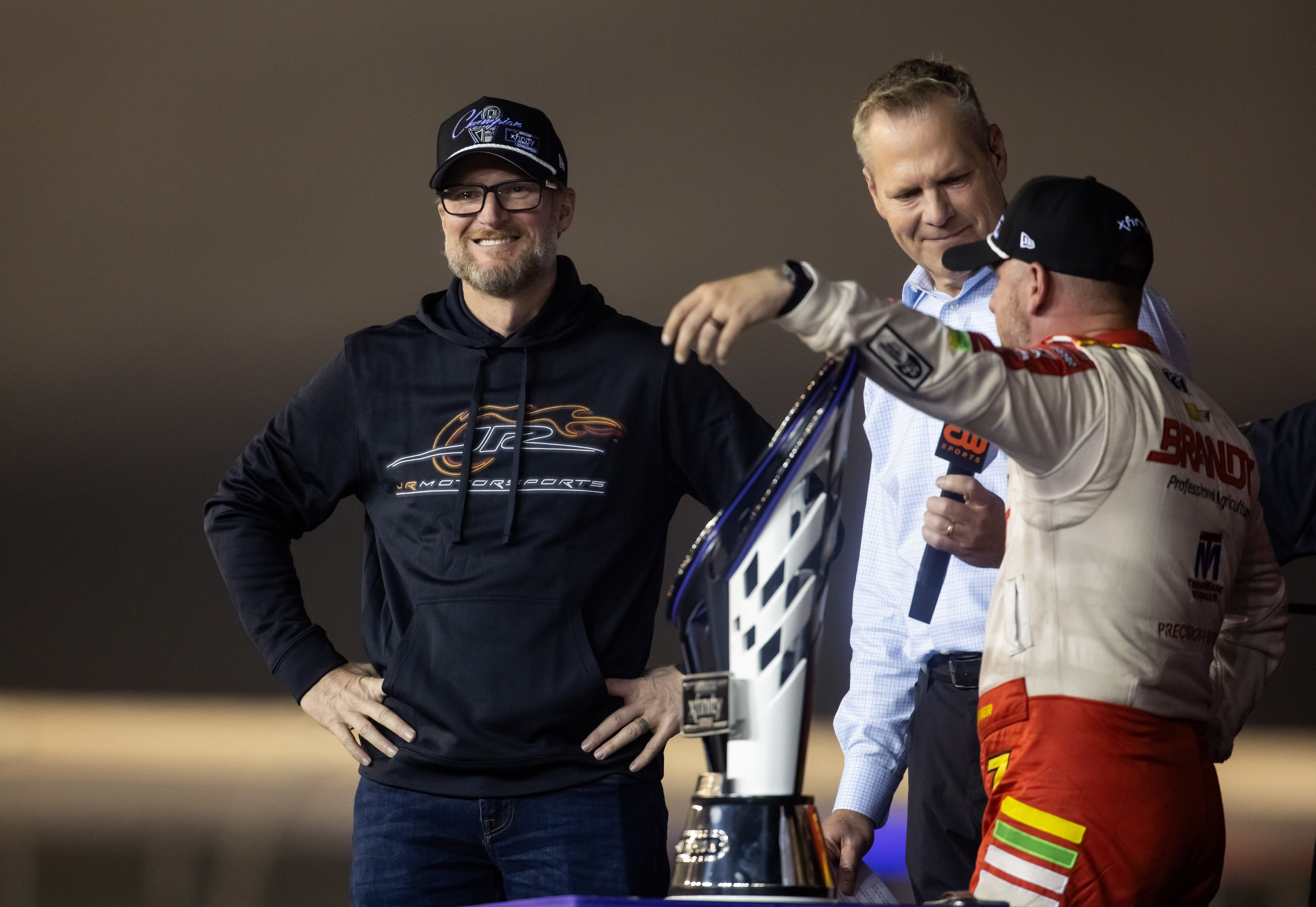 Dale Earnhardt Jr (L) celebrates with driver Justin Allgaier after winning the 2024 Xfinity Series championship - Source: Imagn