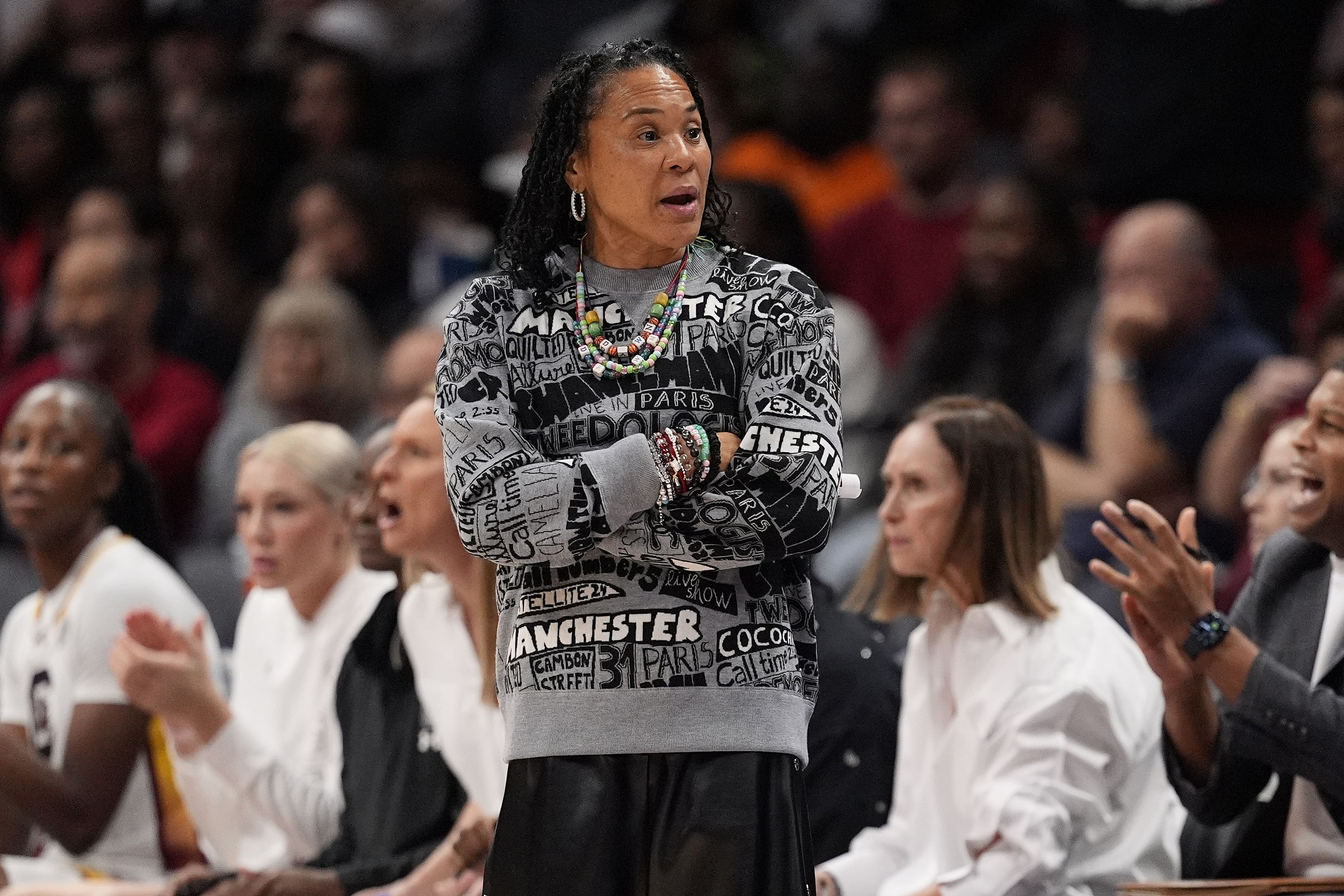 Head coach Dawn Staley of the South Carolina Gamecocks looks on during game against the NC State Wolfpack at the Spectrum Center on November 10, 2024 (NCAA Basketball: NC State at South Carolina - Source: Imagn)