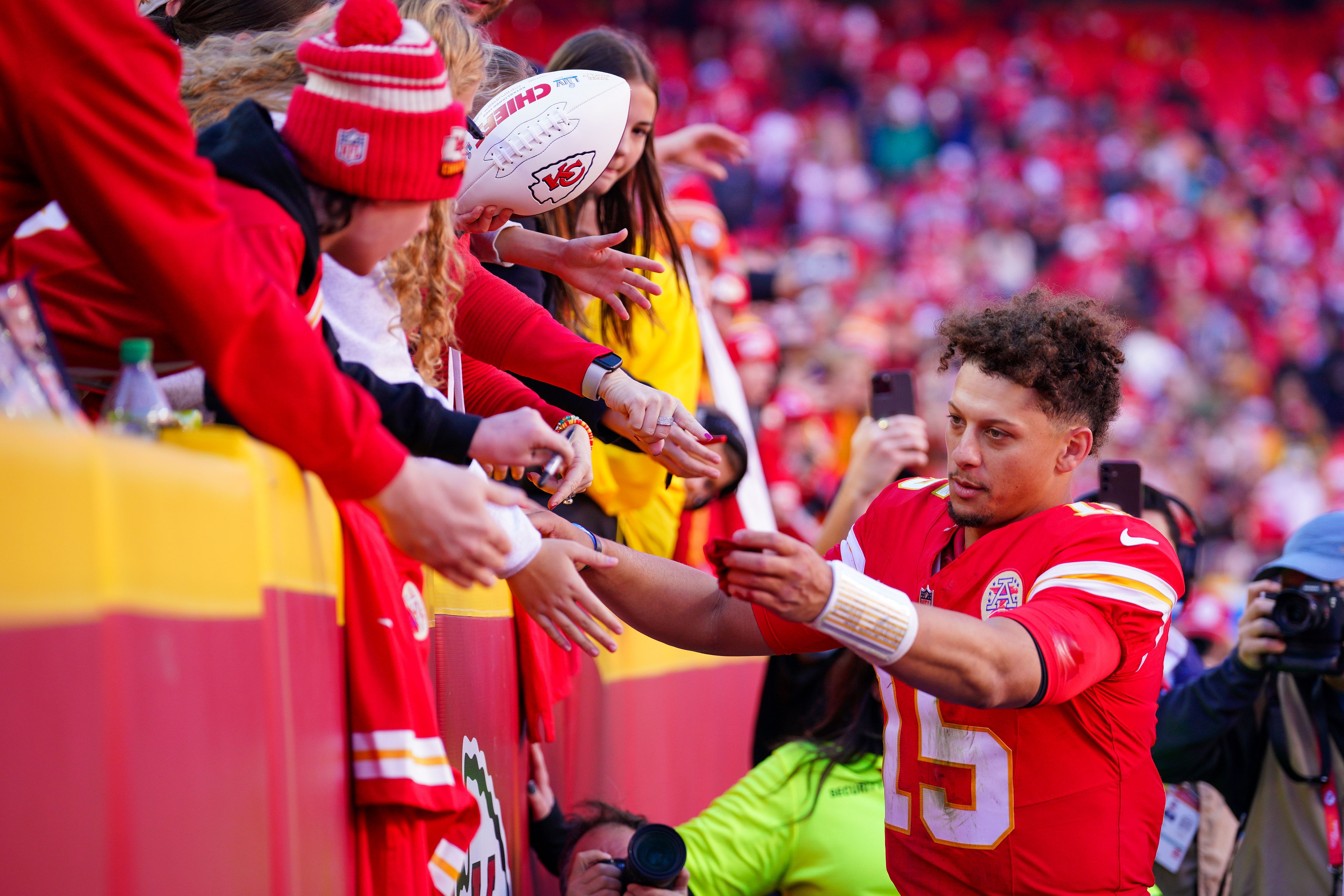 Kansas City Chiefs&#039;s Patrick Mahomes with fans after an NFL game. (Credits: IMAGN)