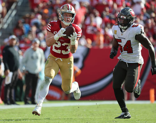 Christian McCaffrey in action during the 49ers vs. Buccaneers game (Credits: IMAGN)