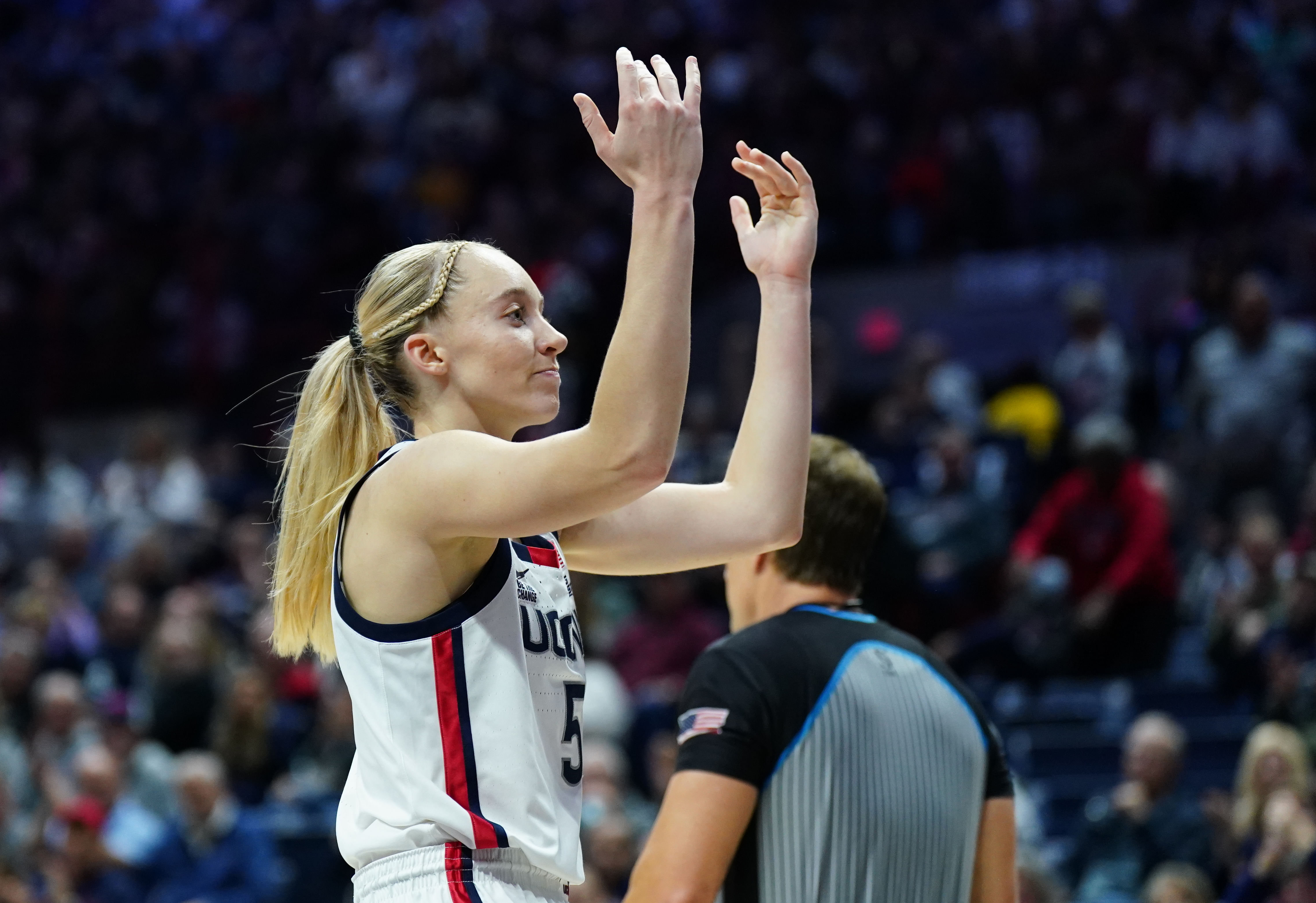 UConn Huskies guard Paige Bueckers reacts after her basket against South Florida. Photo: Imagn