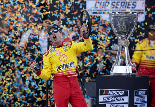 NASCAR Cup Series driver Joey Logano (22) celebrates after winning the 2024 NASCAR Cup Series championship and the NASCAR Cup Series Championship race at Phoenix Raceway. (Source: Imagn)