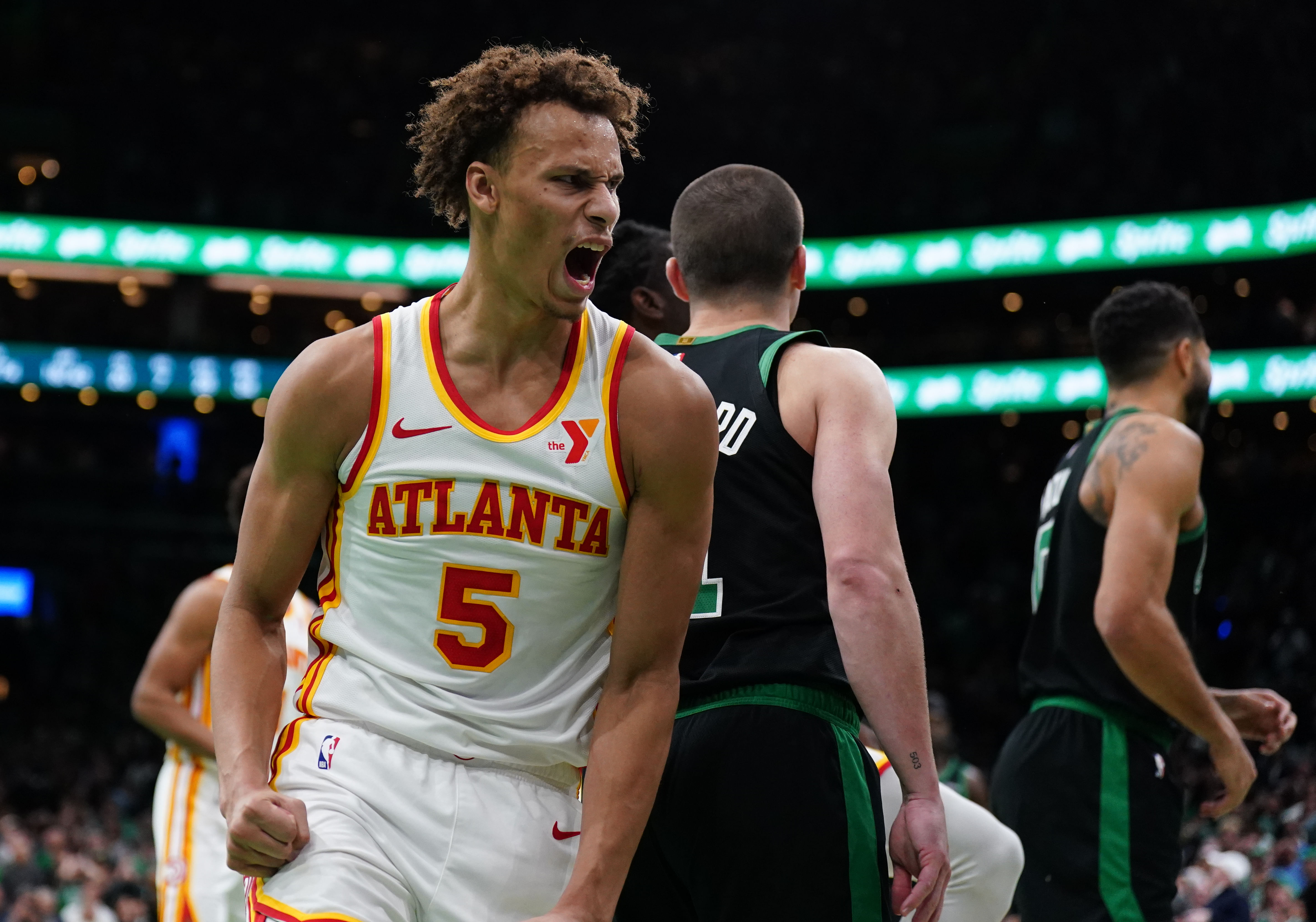 Atlanta Hawks guard Dyson Daniels reacts after defeating the Boston Celtics at TD Garden. Photo Credit: Imagn