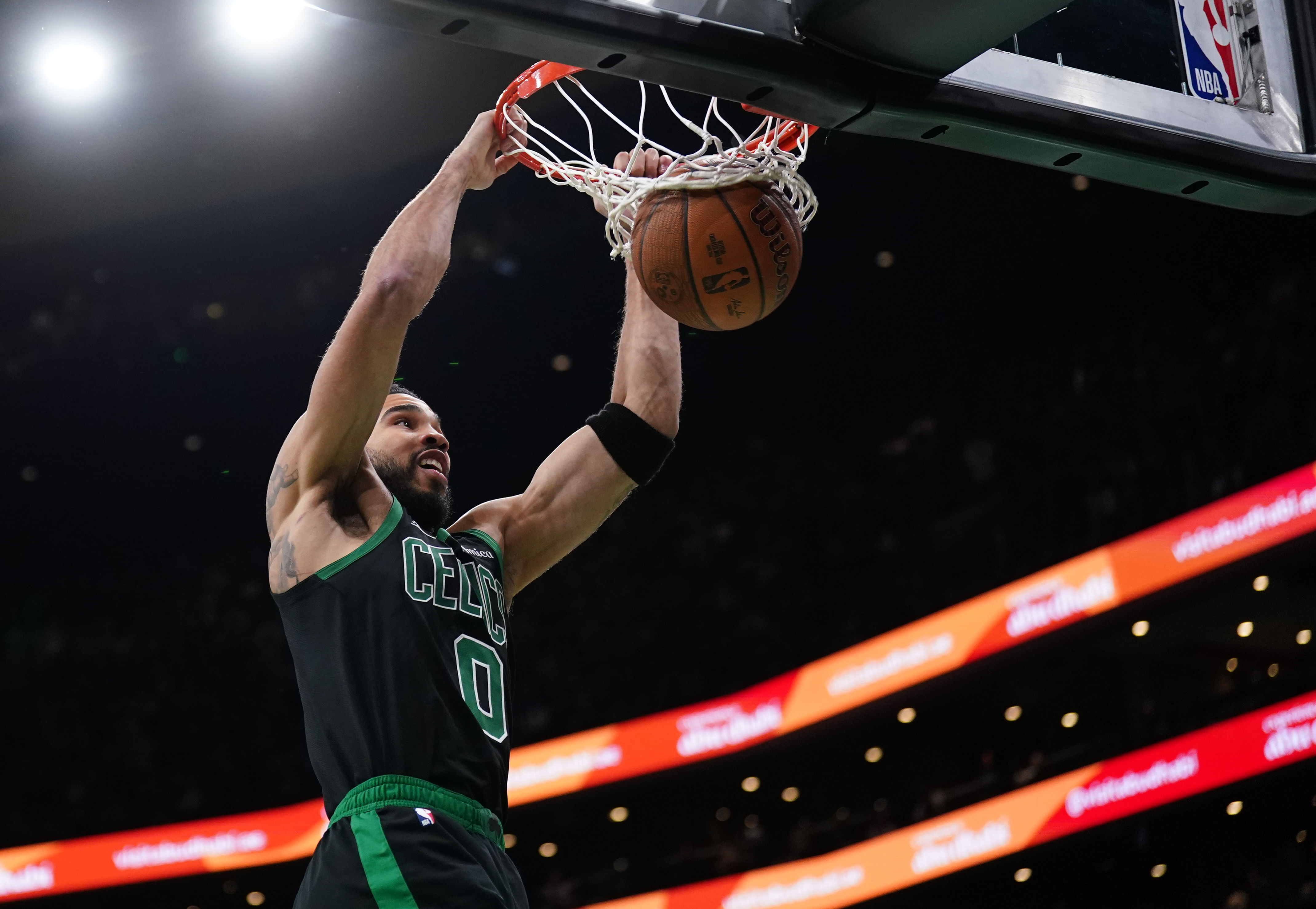 Boston Celtics forward Jayson Tatum makes the basket against the Atlanta Hawks at TD Garden. Photo Credit: Imagn