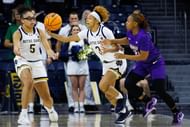 Notre Dame's Hannah Hidalgo and Olivia Miles chase after a loose ball. Photo: Imagn