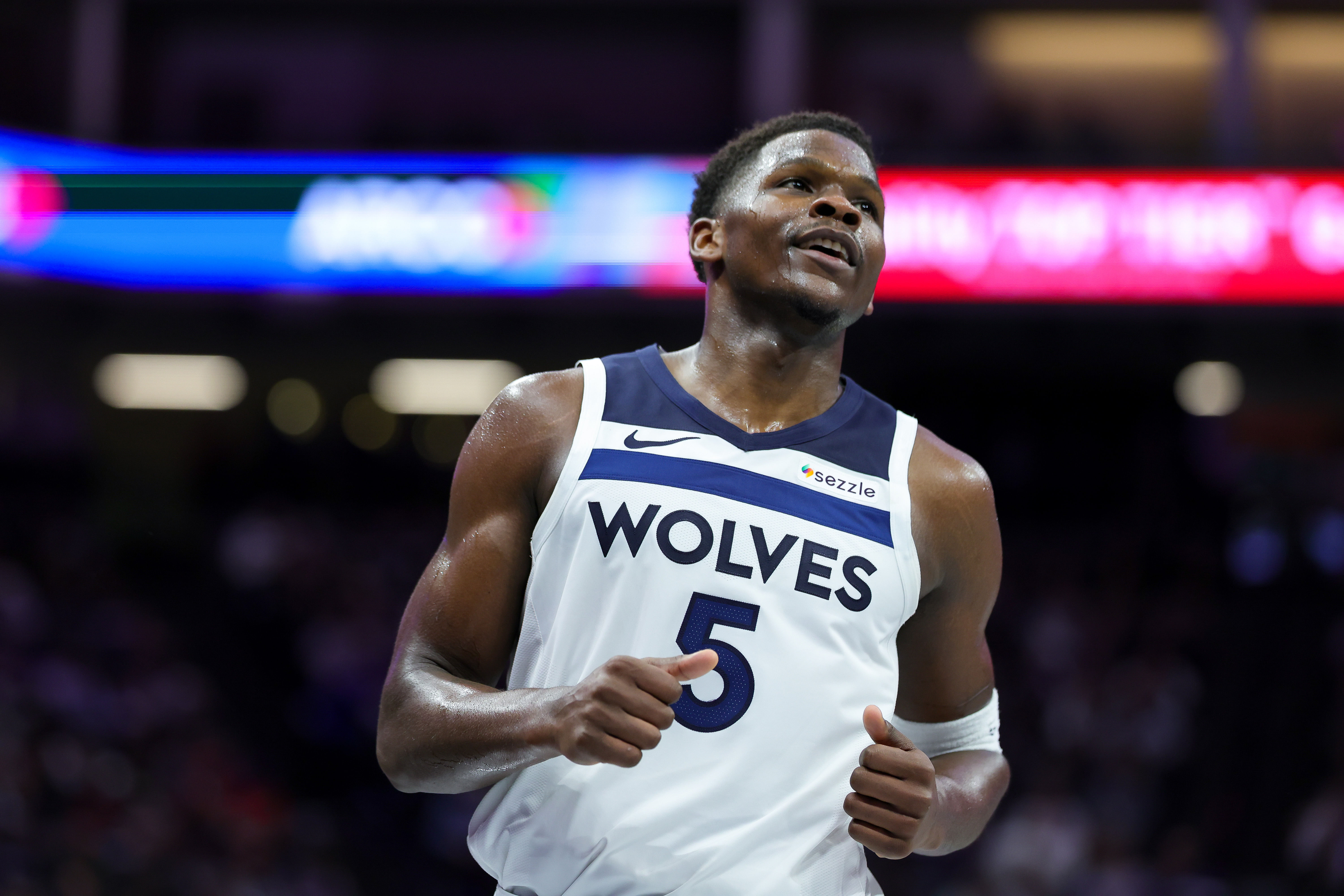 Minnesota Timberwolves guard Anthony Edwards walks up the court against the Sacramento Kings at Golden 1 Center. Photo Credit: Imagn