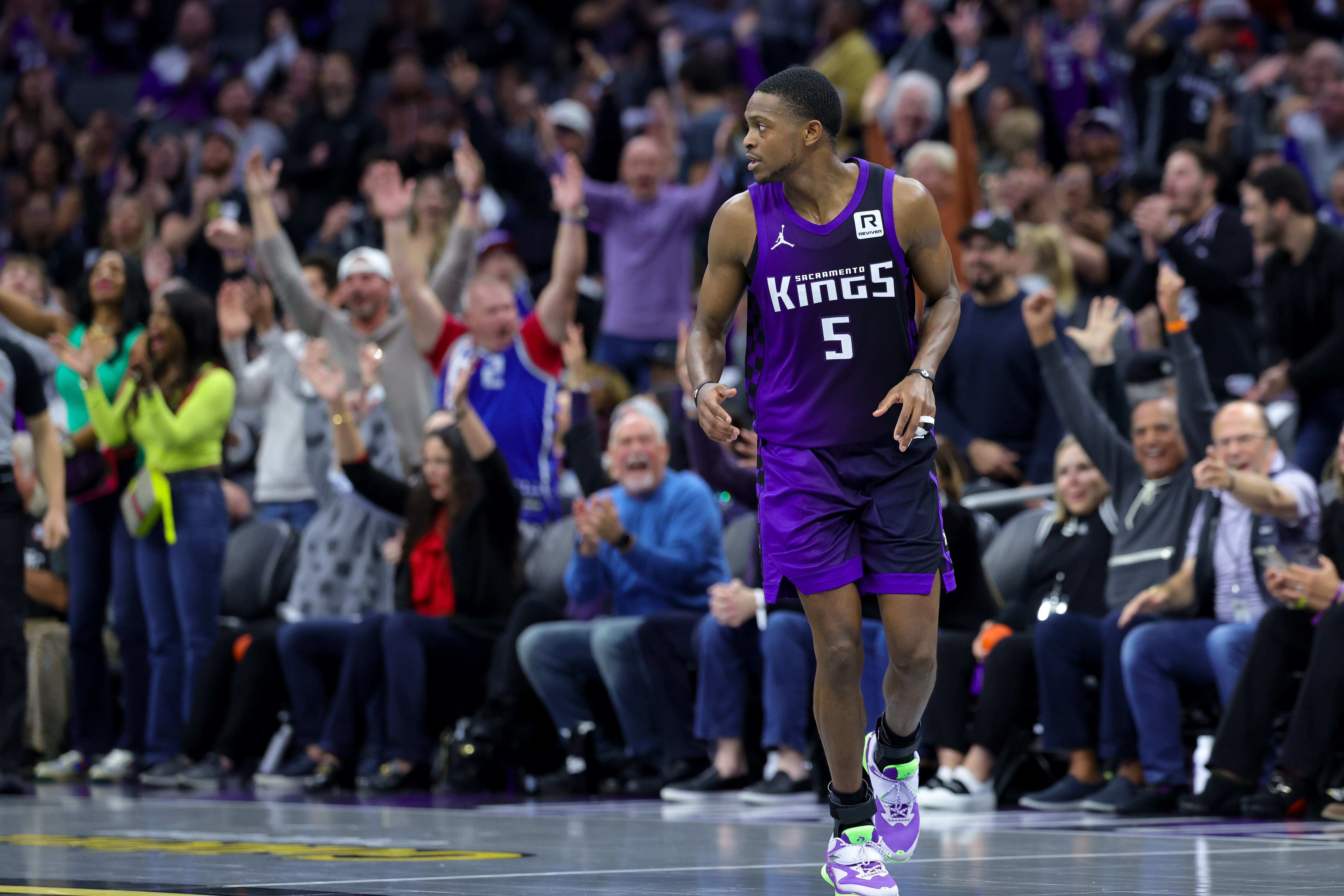 Sacramento Kings guard De&#039;Aaron Fox reacts after scoring a basket during overtime against the Minnesota Timberwolves at Golden 1 Center. Photo Credit: Imagn