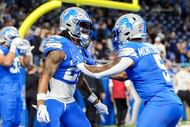 Detroit Lions running backs Jahmyr Gibbs (26) and David Montgomery (5) warm up before the Lions vs Jaguars game. (Credit: IMAGN)