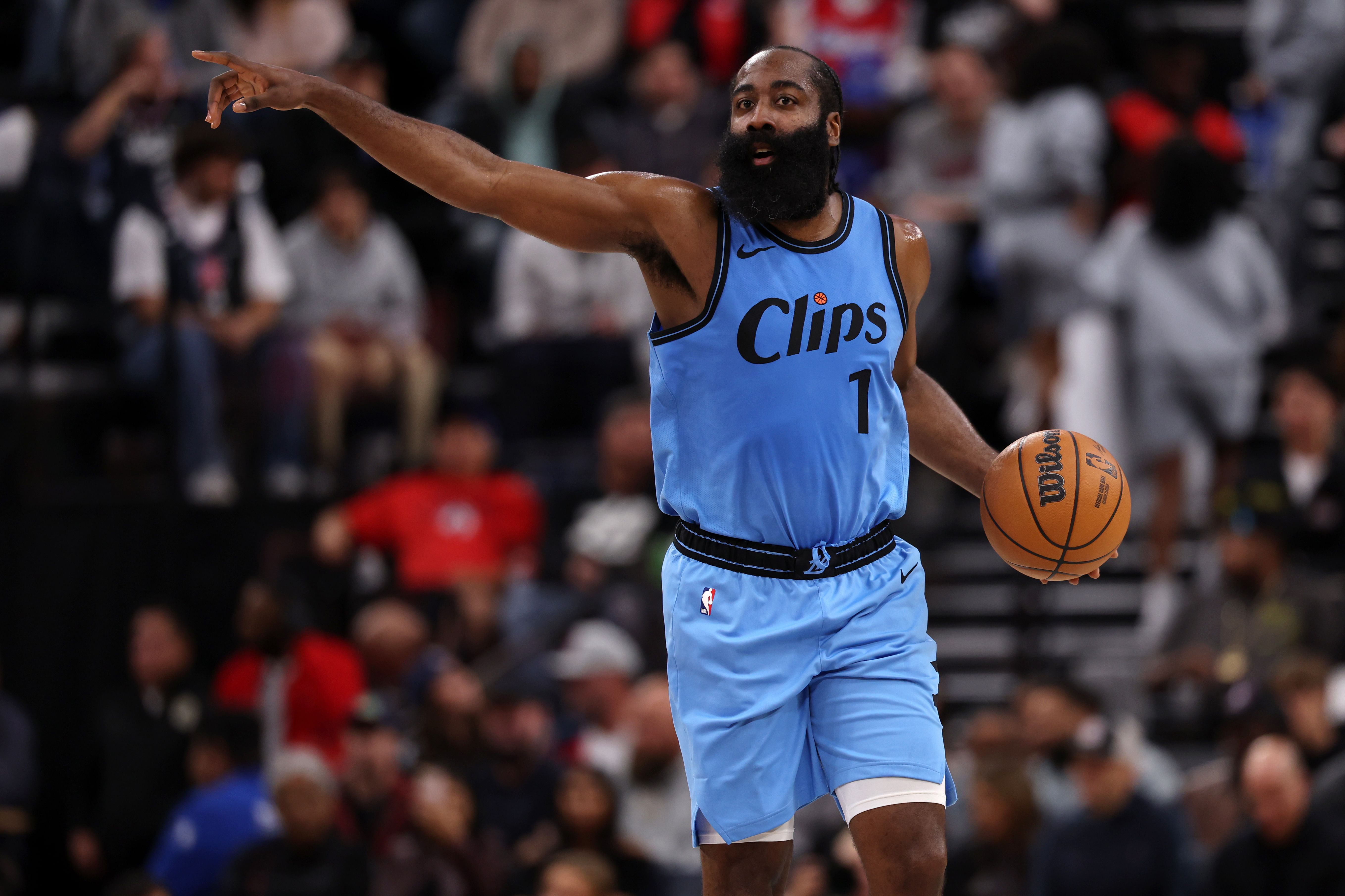 Los Angeles Clippers guard James Harden dribbles the ball against the Utah Jazz at Intuit Dome. Photo Credit: Imagn