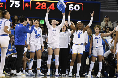 UCLA Bruins players celebrate in the closing minute in their win over top-ranked South Carolina Gamecocks at Pauley Pavilion presented by Wescom. Photo: Imagn