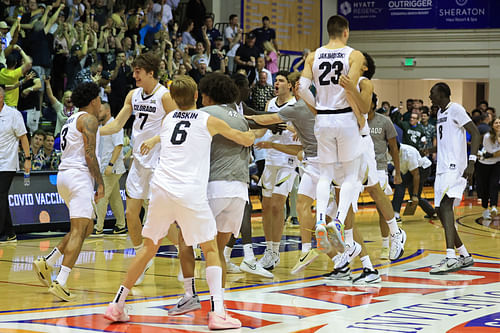 The Colorado Buffaloes rush the court after defeating the Connecticut Huskies 73-72 in their NCAA college basketball game at Lahaina Civic Center. Photo: Imagn