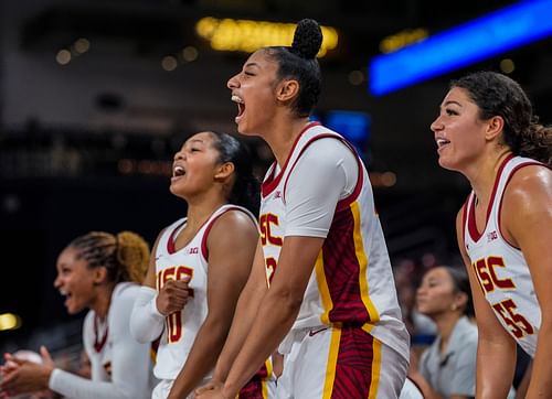 USC Trojans guard JuJu Watkins (12) cheers for her teammates from the bench during the fourth quarter of their game in the Acrisure Series. Photo: Imagn