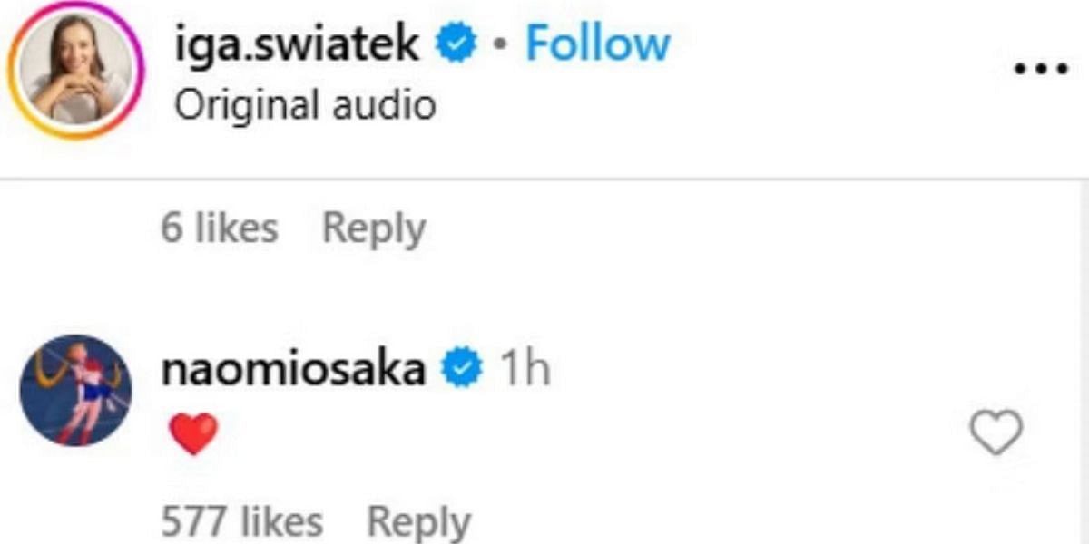 Naomi Osaka shows her support to Iga Swiatek on Instagram. (Source: Instagram - @iga.swiatek)