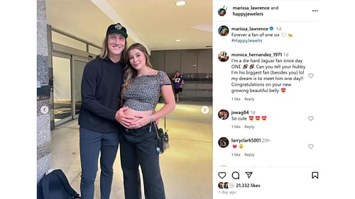 Trevor Lawrence and wife Marissa pose together at Week 10 game (Credits: @marissa_lawrence Instagram)