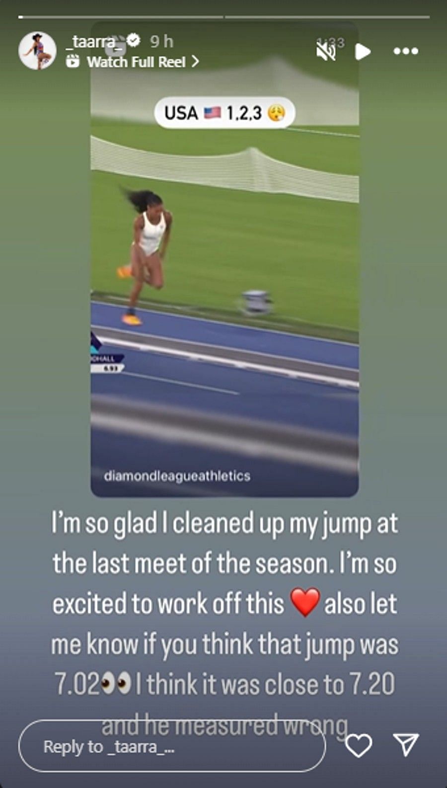 Screenshot of Tara Davis-Woodhall&#039;s Instagram story.