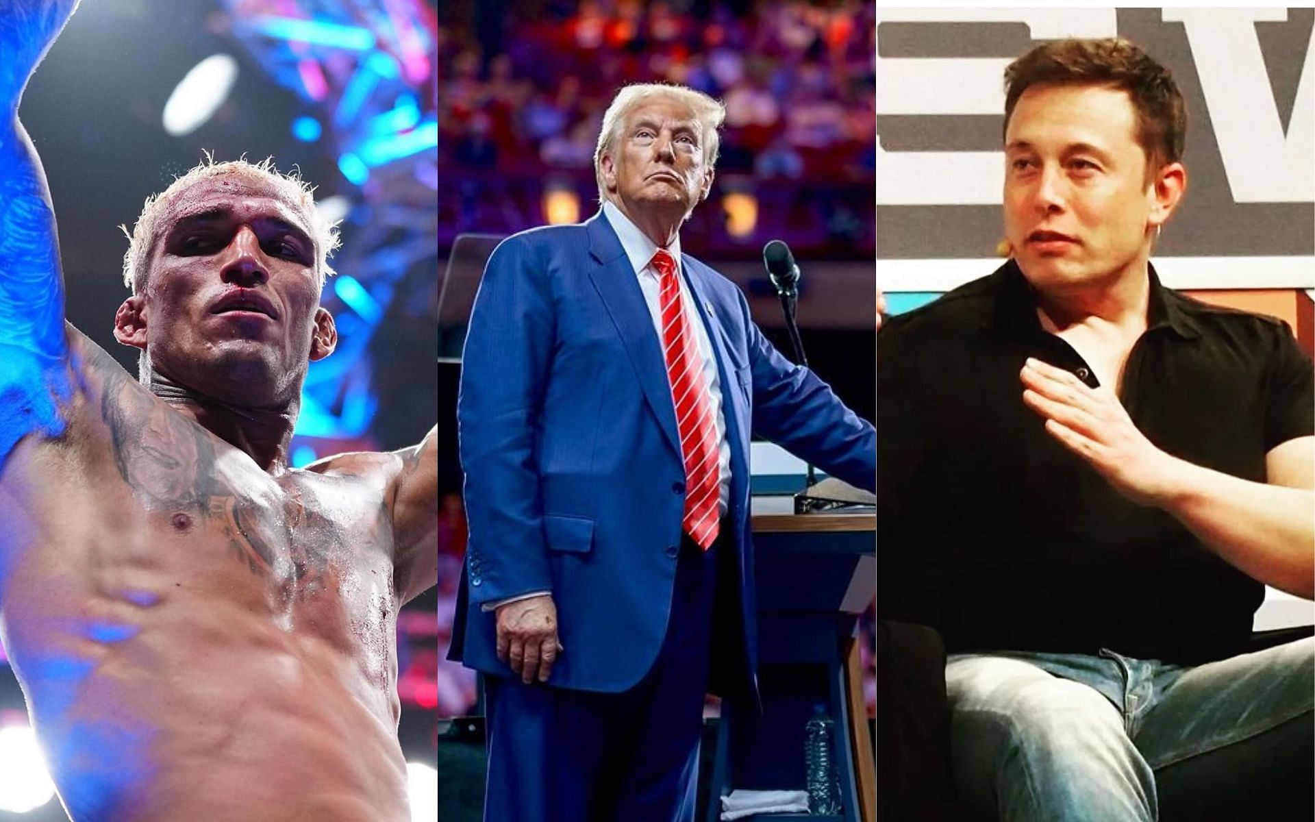 Charles Oliveira (left), Donald Trump (center), Elon Musk (right) [Images courtesy: @elonmusk__official__, @realdonaldtrump, and @charlesdobronxs via Instagram]