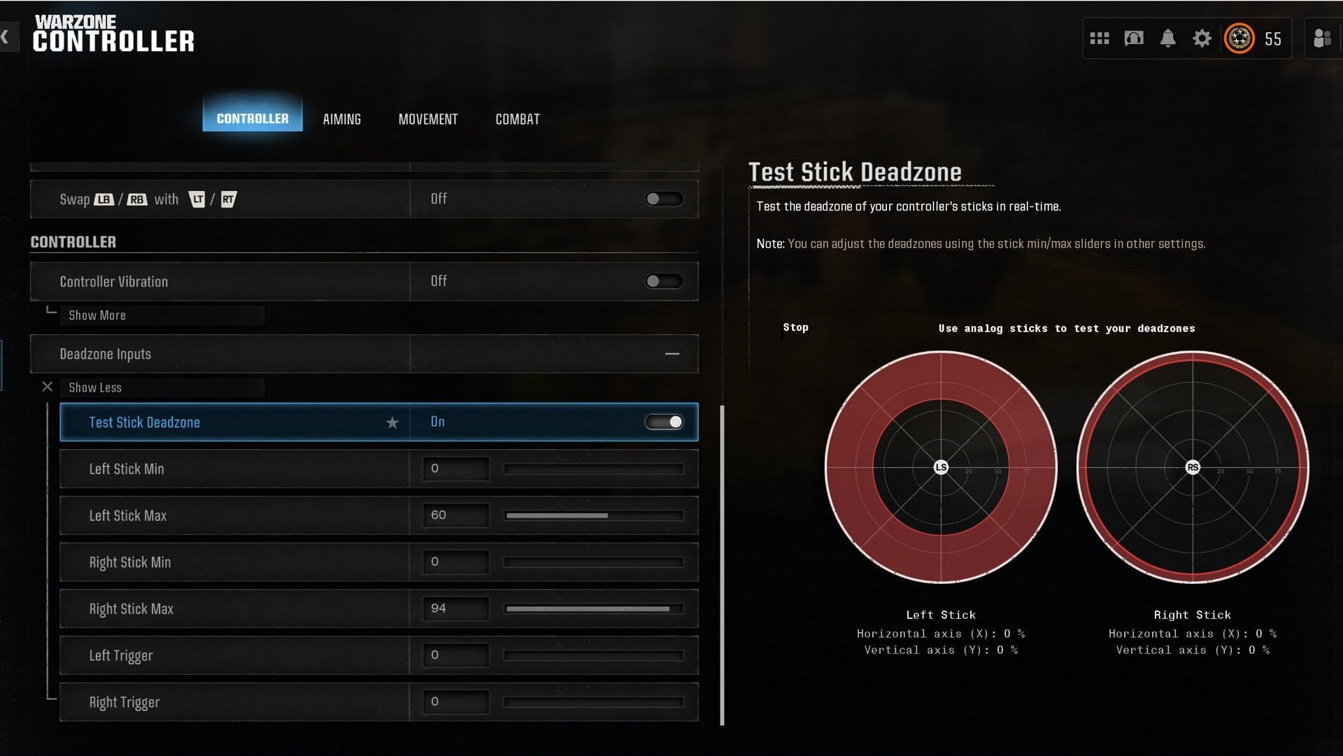 Deadzone settings in Warzone (Image via Activision)