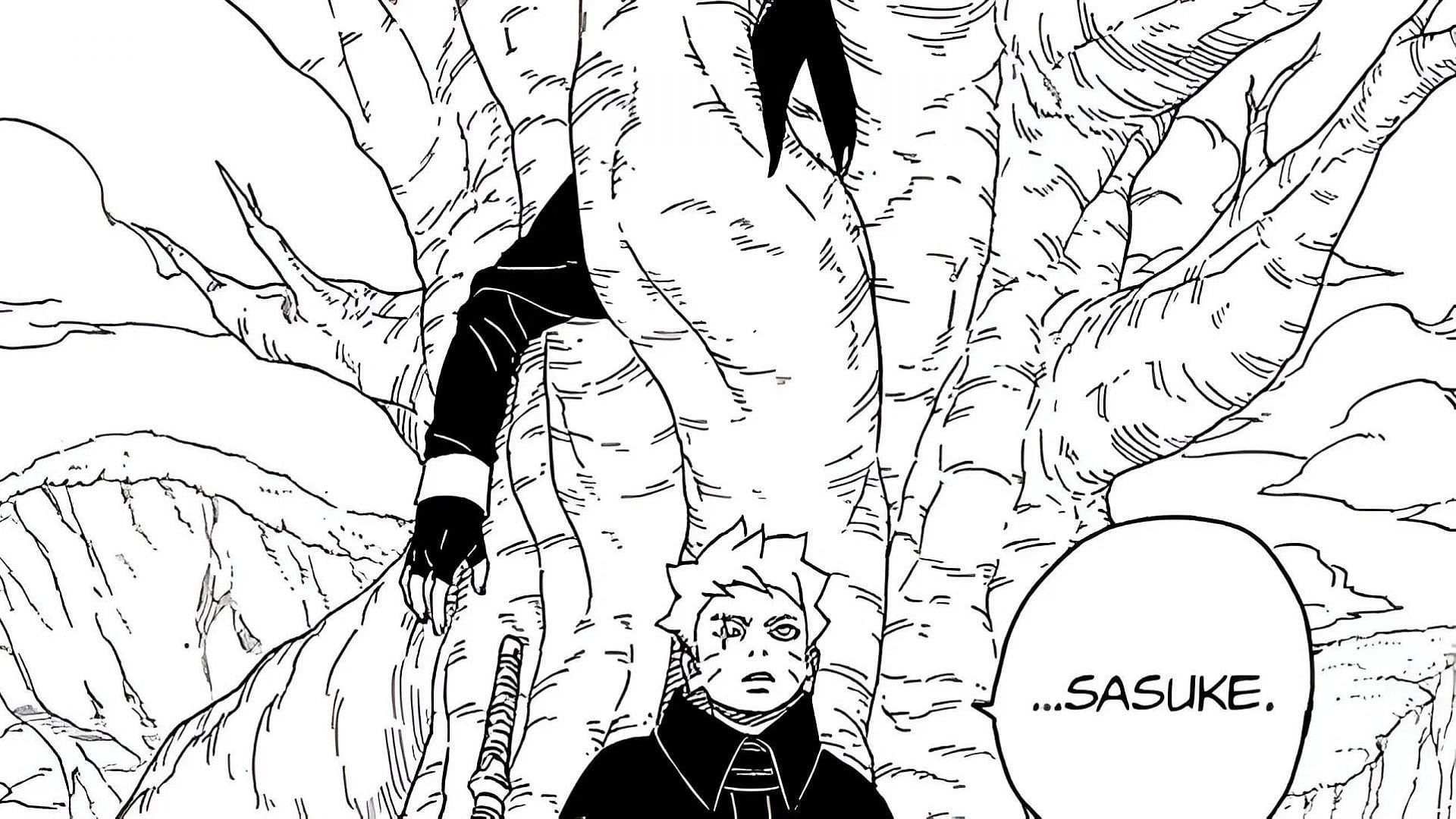 Sasuke trapped in a tree, as shown in the Boruto manga (Image via Shueisha)