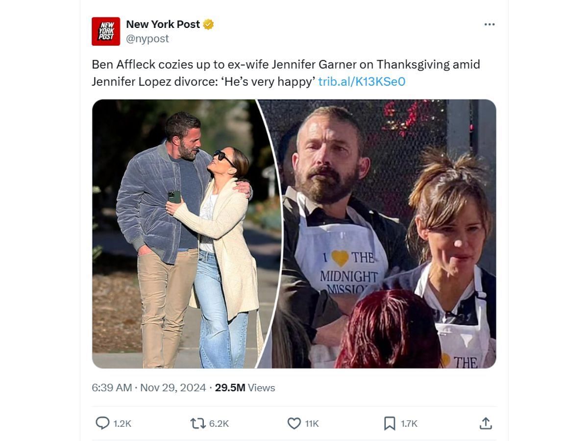 NY Post&#039;s tweet on Affleck and Garner spending Thanksgiving together (Image via X/ @nypost)