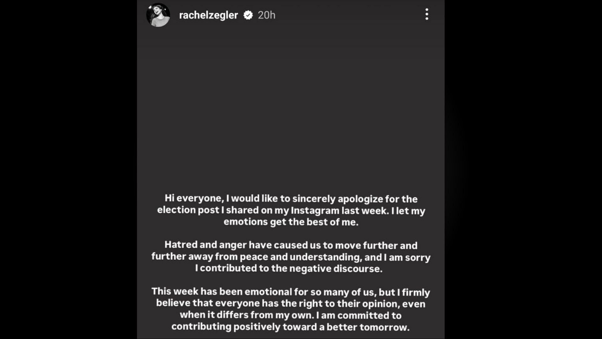 Rachel Zegler&#039;s apology post (Image via Instagram / @rachelzegler)