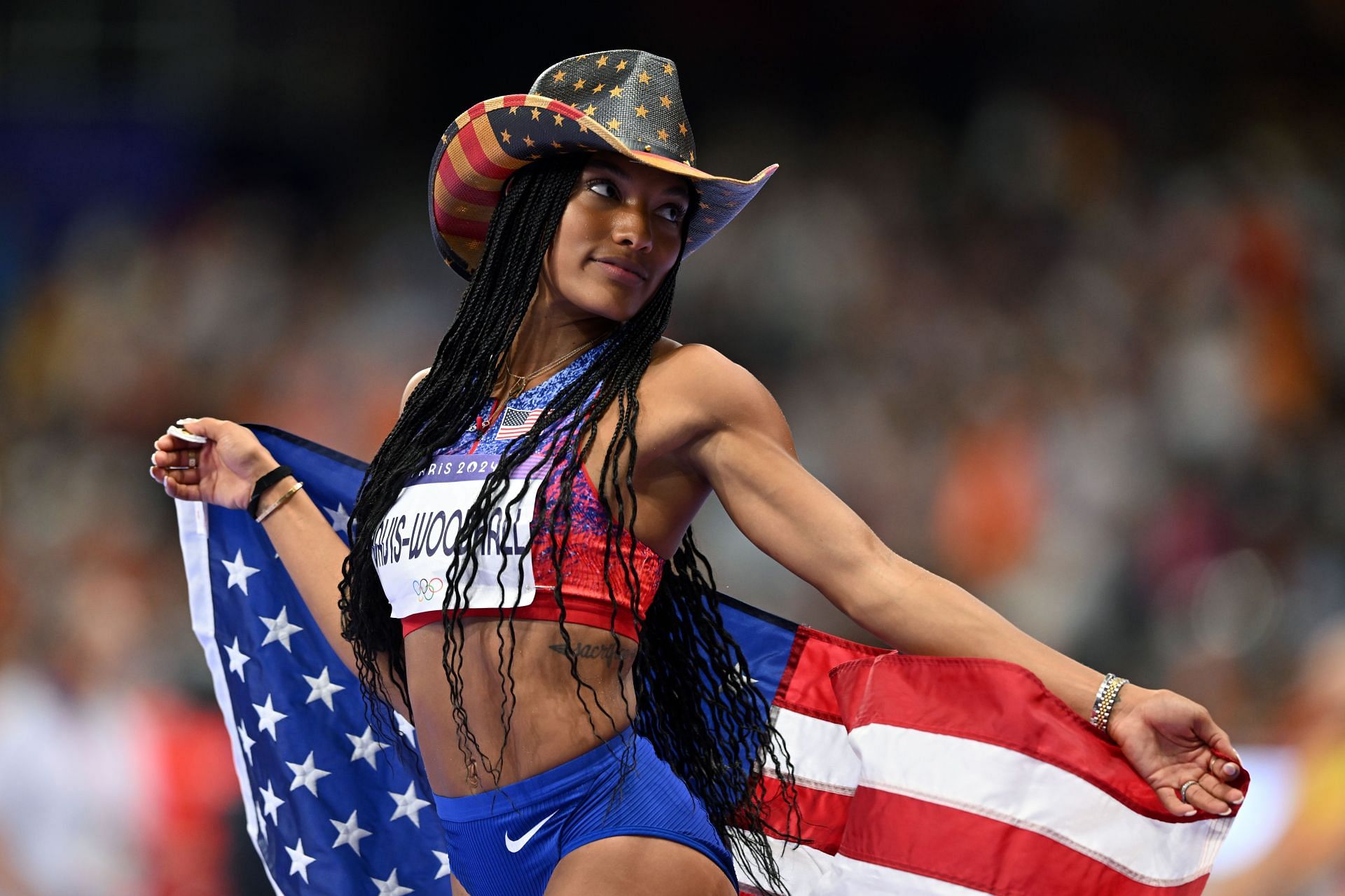 Tara Davis-Woodhall of Team USA poses for a photo after winning gold in the Women&#039;s Long Jump at the Olympic Games 2024 in Paris, France. (Photo Getty Images)