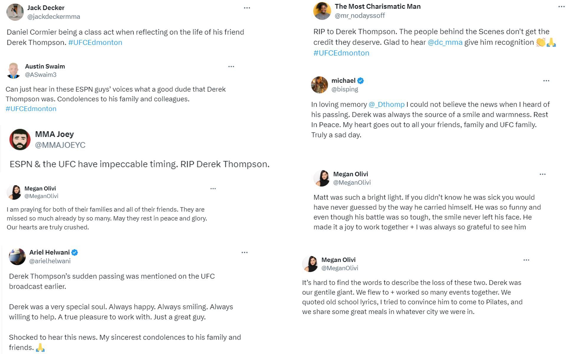 Screenshots of MMA personalities&#039; reaction to Derek Thompson and Matt Kelly passing away