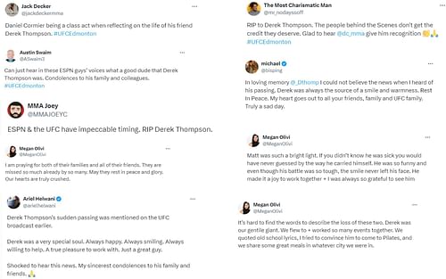 Screenshots of MMA personalities' reaction to Derek Thompson and Matt Kelly passing away