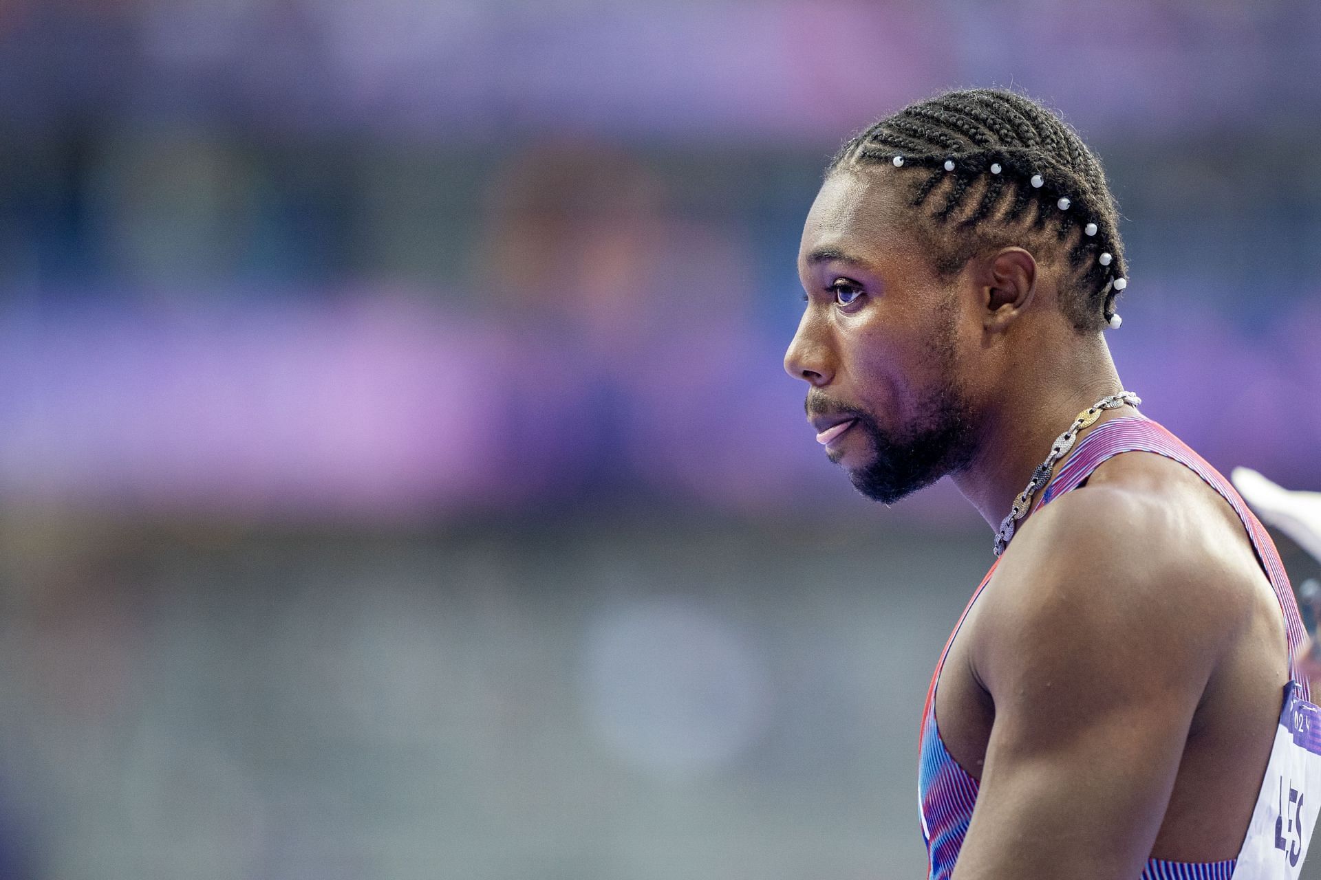 Noah Lyles of the United States prepares for the start of the Men&#039;s 200m Semi-Final 2 during the 2024 Summer Olympic Games in Paris, France. (Photo via Getty Images)