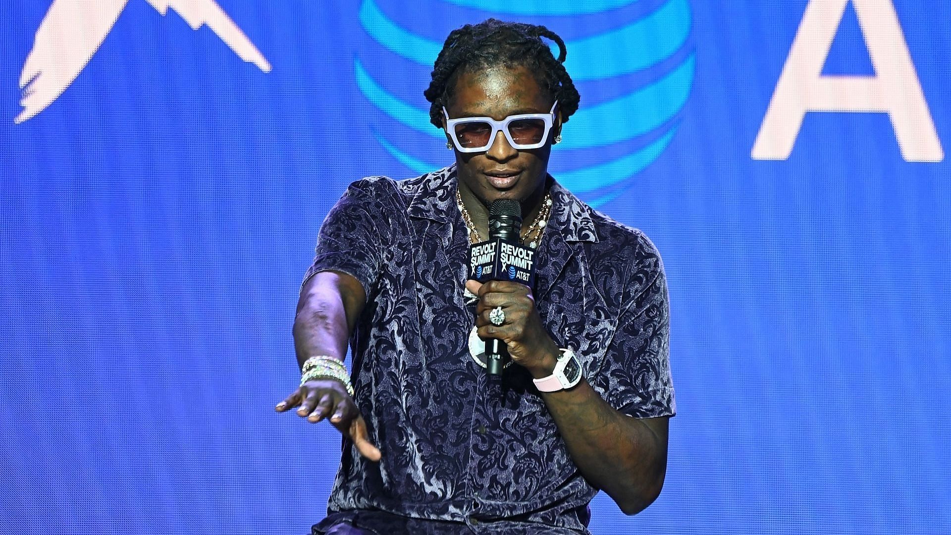 Rapper Young Thug speaks onstage at the 2021 REVOLT Summit at 787 Windsor on November 13, 2021 in Atlanta, Georgia. (Photo by Paras Griffin/Getty Images)