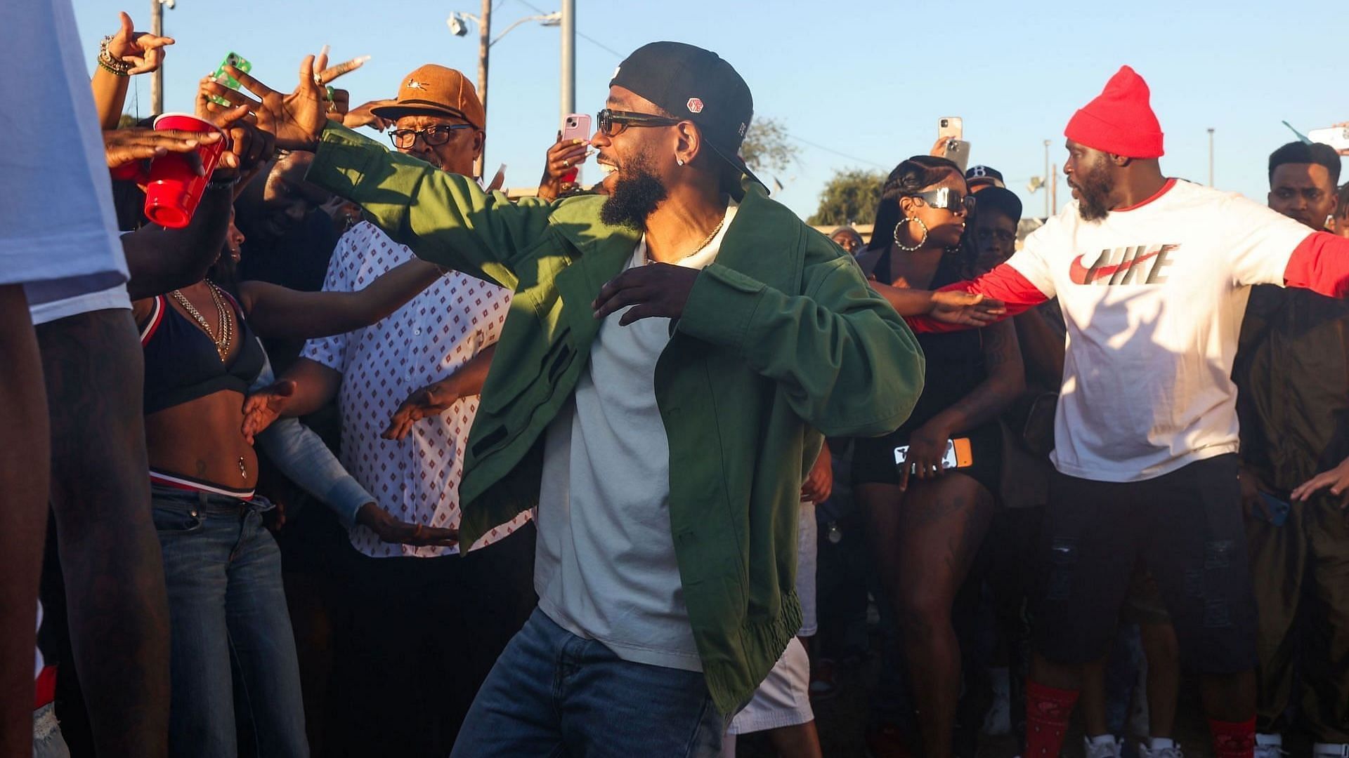 Kendrick Lamar dances during the music video shoot for "Not Like Us" at Nickerson Gardens on Saturday, June 22, 2024 in Watts, CA. (Image via Getty/Michael Blackshire)