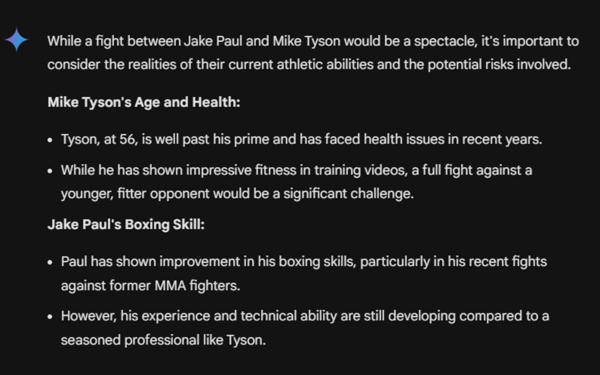 Screenshot of Google&#039;s AI prediction for Jake Paul vs. Mike Tyson