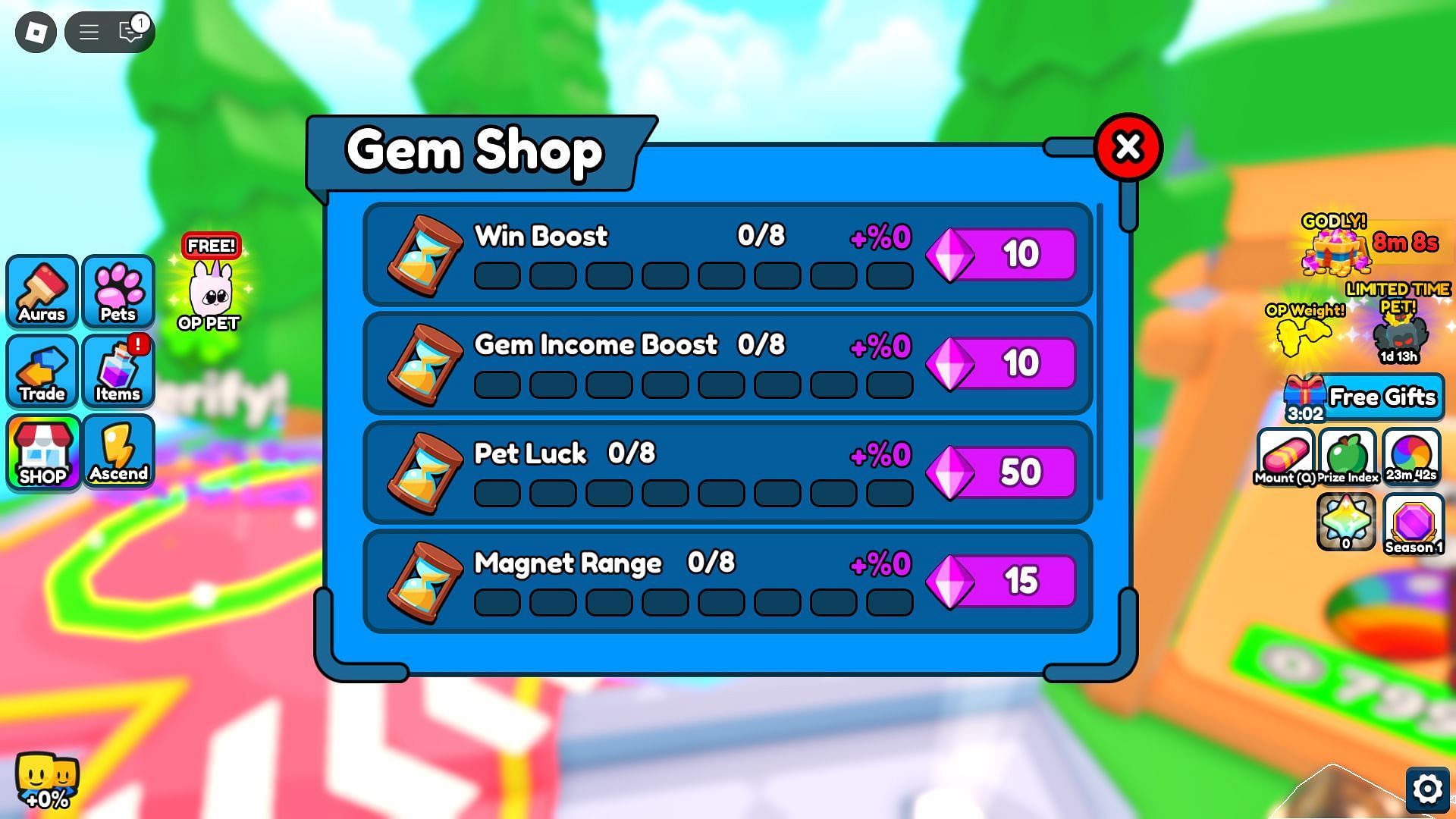 Use Gems to boost your stats (Image via Roblox)