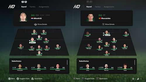 Croatia vs Portugal: Default starting XI comparison (Image via EA Sports)