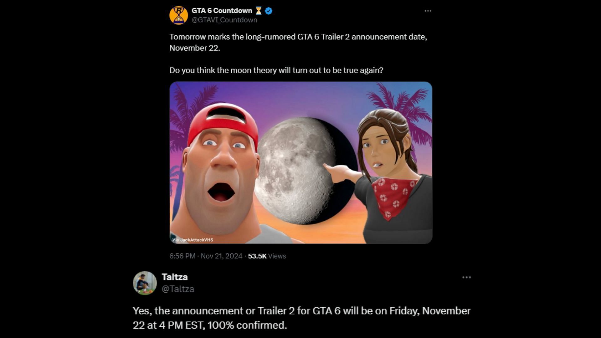 Fan expresses confidence in the GTA 6 trailer 2 Moon Theory (Images via X)