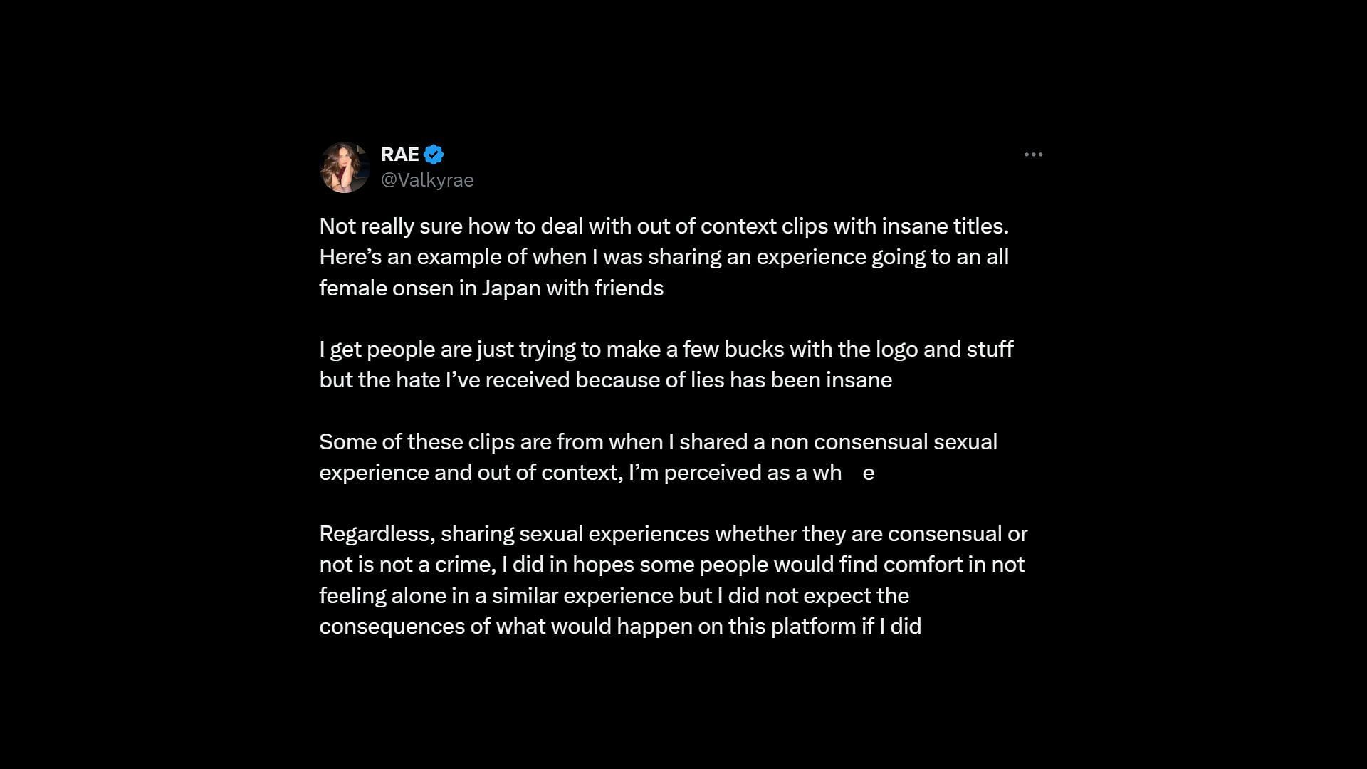 Valkyrae talked about the usage of out-of-context clips for justifying false titles on X (Image via @Valkyrae/X)