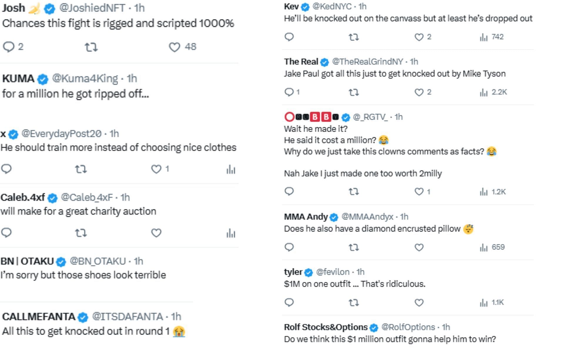 Screenshot of fan reactions to Paul&#039;s $1 million outfit